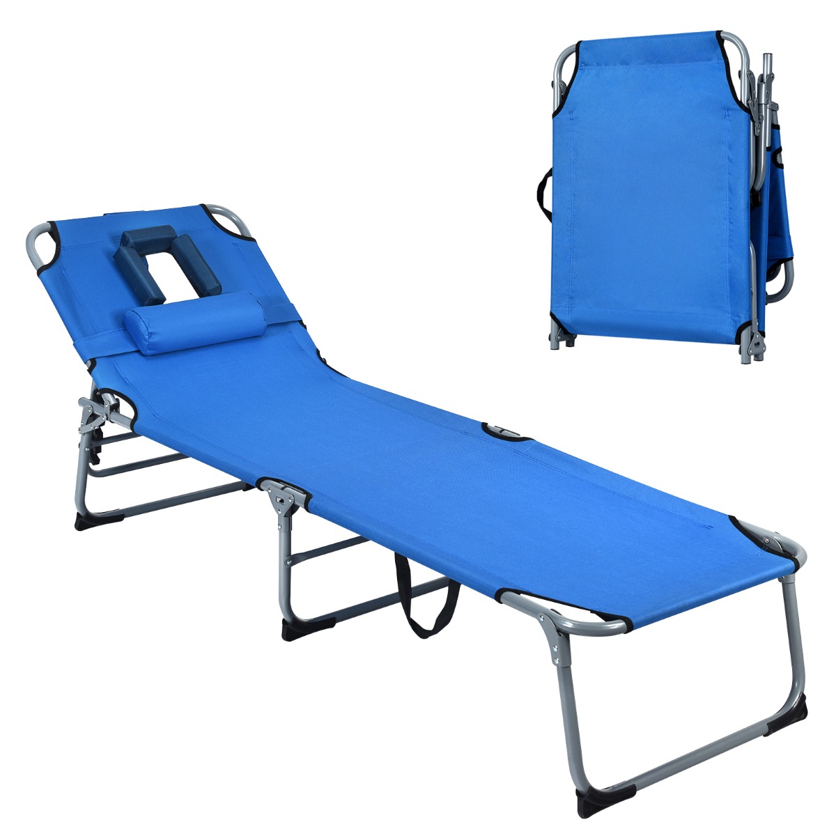 Saliekams pludmales krēsls un sauļošanās krēsls ar regulējamu atzveltni (194 x 60 x 36-86 cm), zils