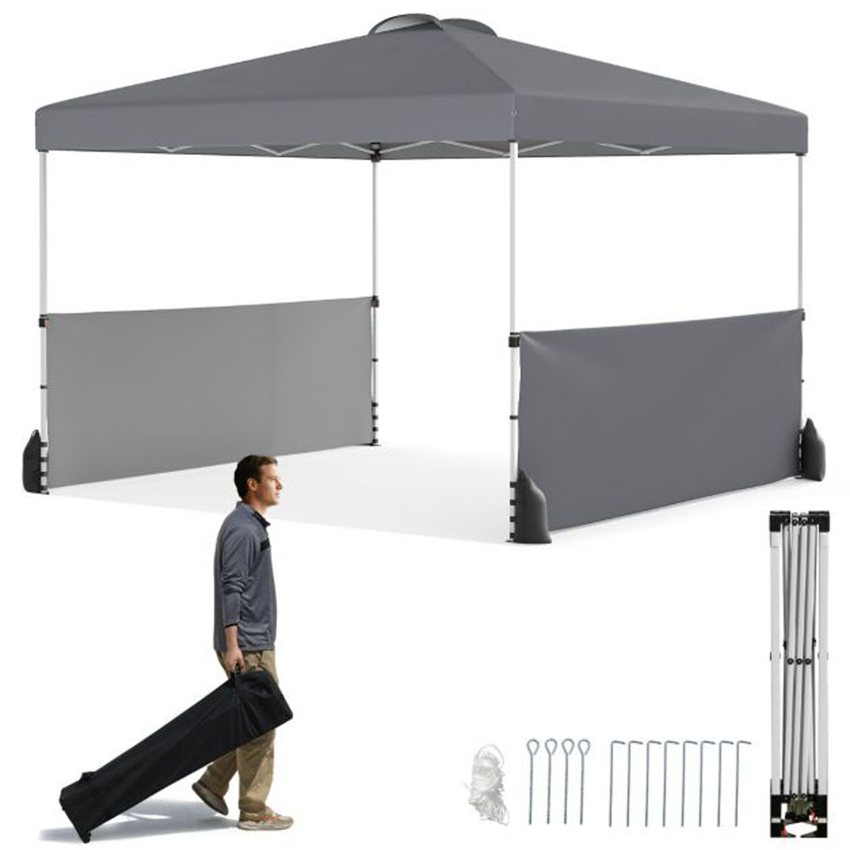 Kahe külgpaneeli, vaiade, pingutusköite ja 4 liivakotiga veekindel pop-up aiatelk ning kokkupandav paviljon (3 x 3 m), hall