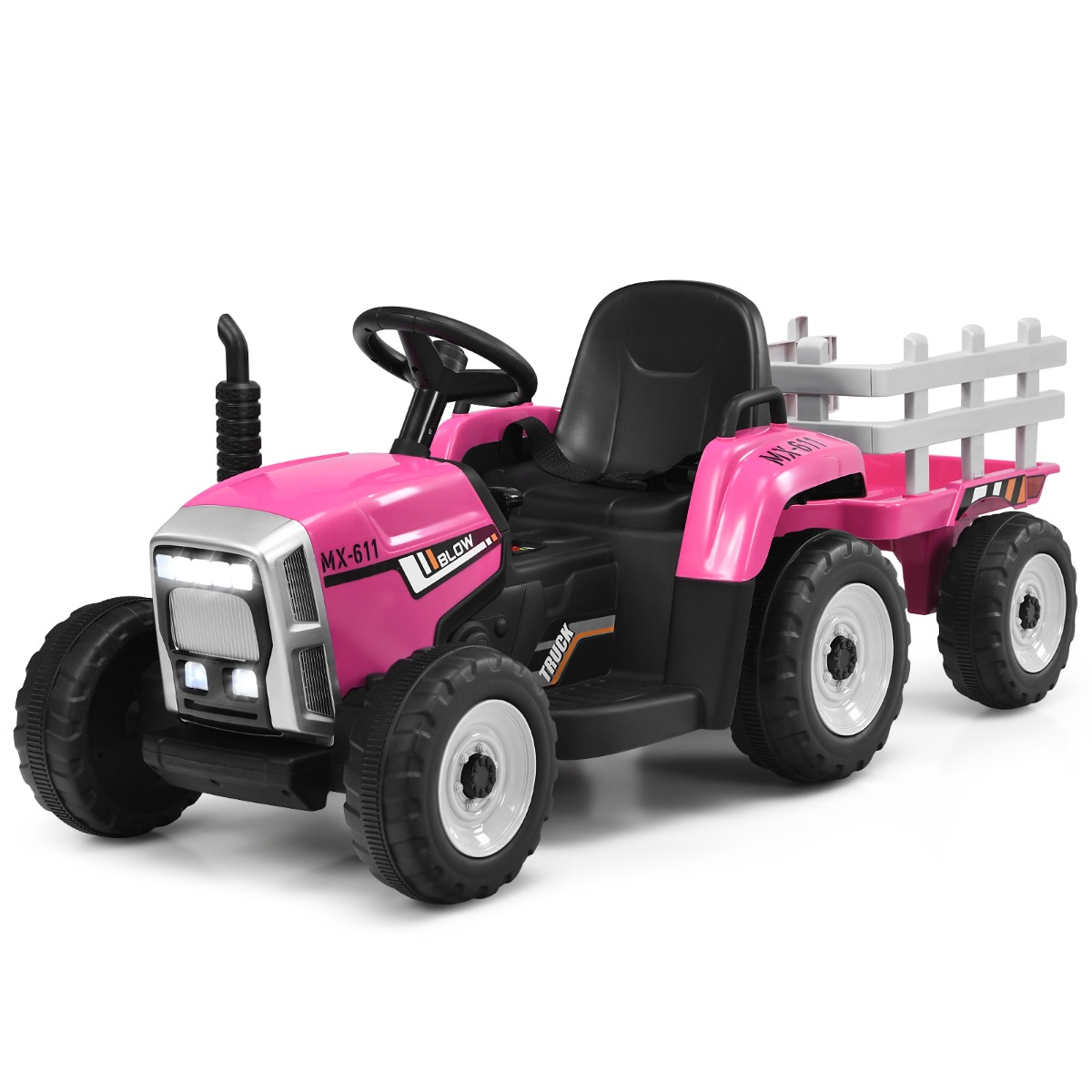12V bērnu traktors ar piekabi, elektriskā rotaļu automašīna, 135 x 51 x 53 cm, rozā