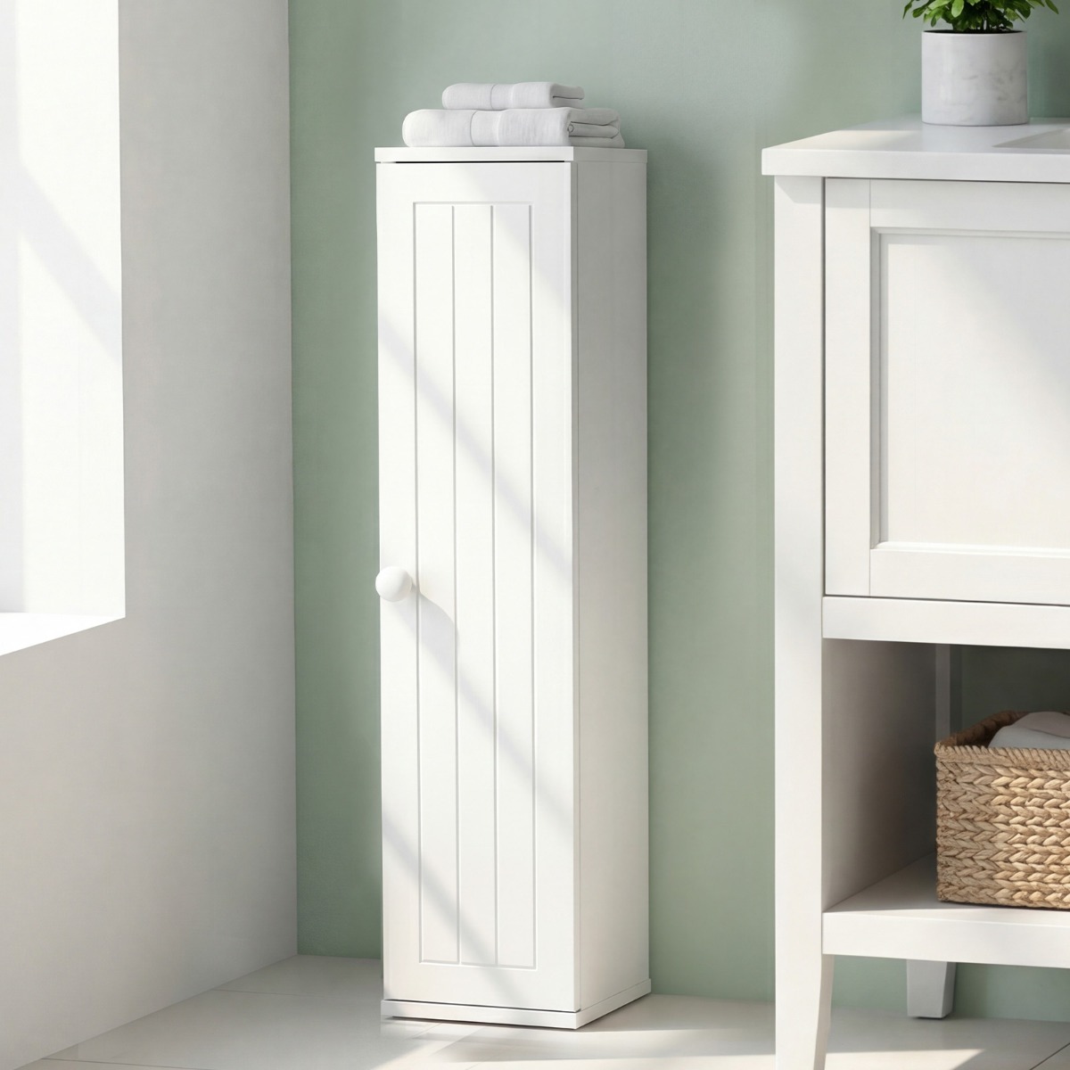 Šaurs vannas istabas skapītis ar 3 noņemamiem plauktiem, 16 cm plats, tualetes skapītis, balts