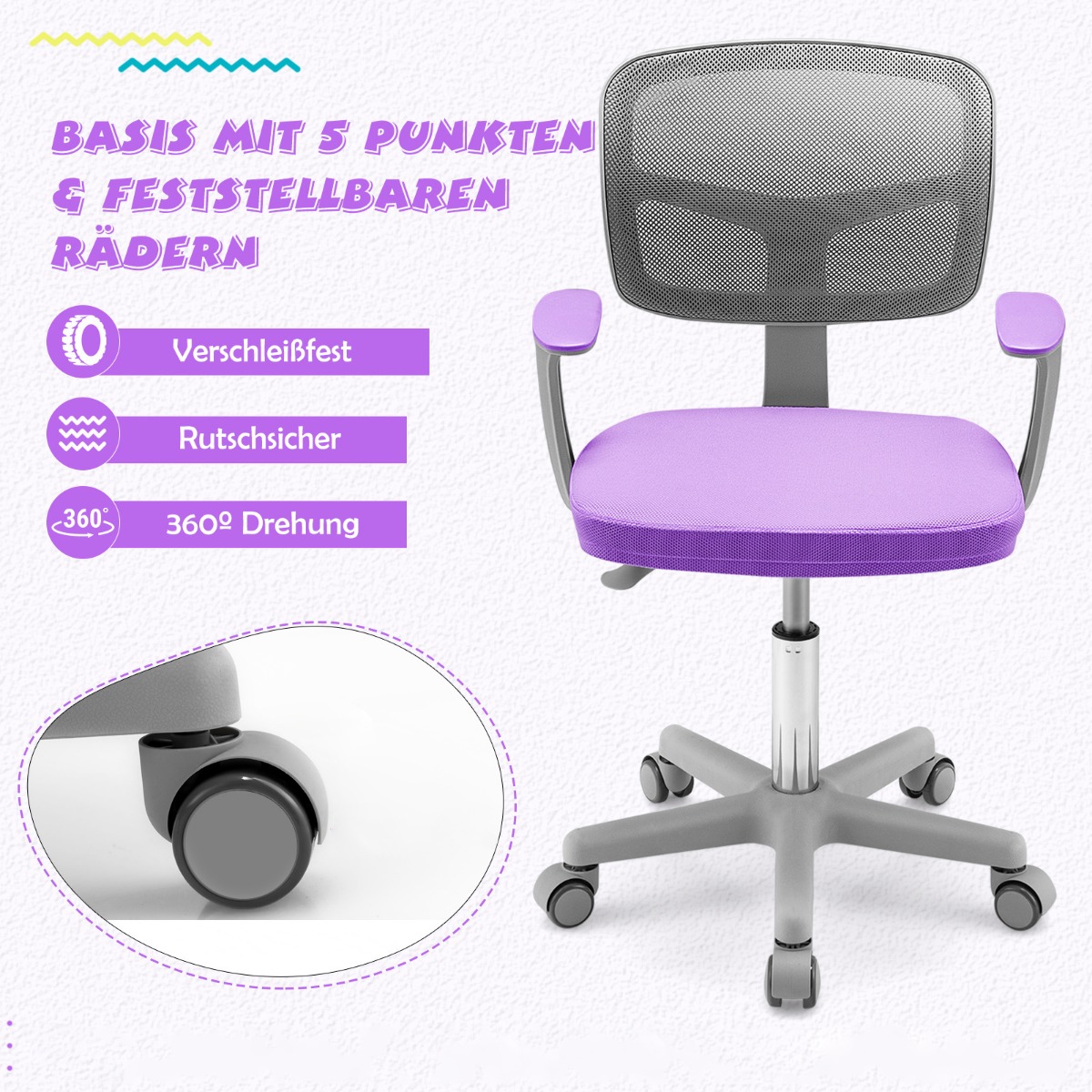 Bērnu mācību datorkrēsls ar regulējamu augstumu, jostasvietas atbalstu mājām, skolai, birojam - violets