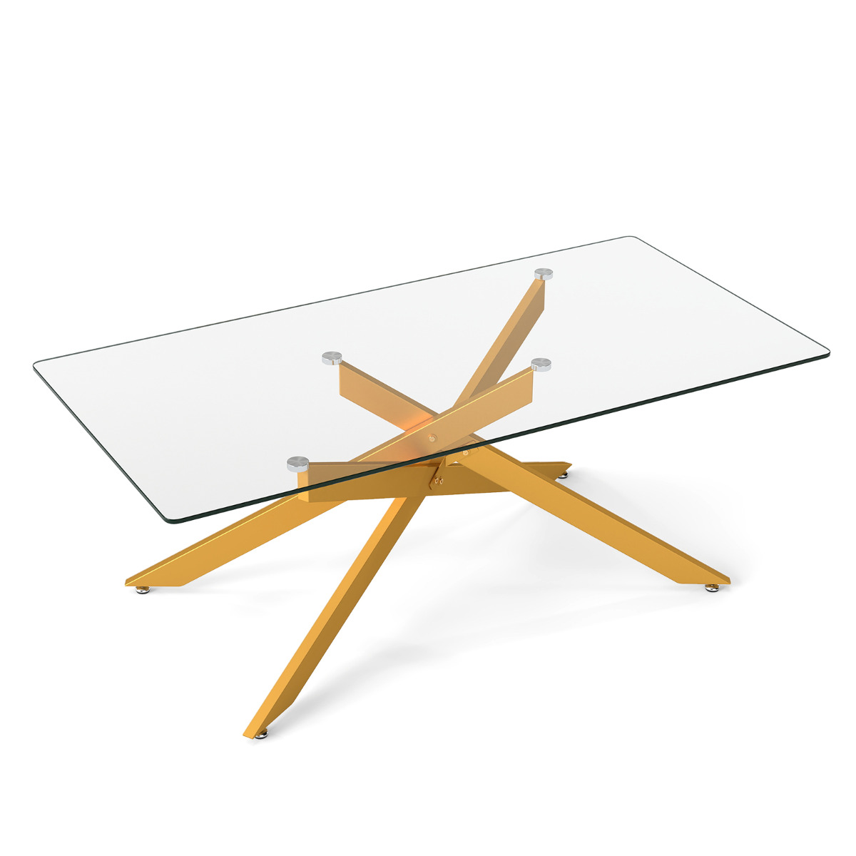 Stikla kafijas galdiņš, taisnstūra formas centrālais galdiņš ar rūdīta stikla virsmu un cauruļveida metāla kājām, galds 120 x 60 x 45,5 cm, zelta krāsā