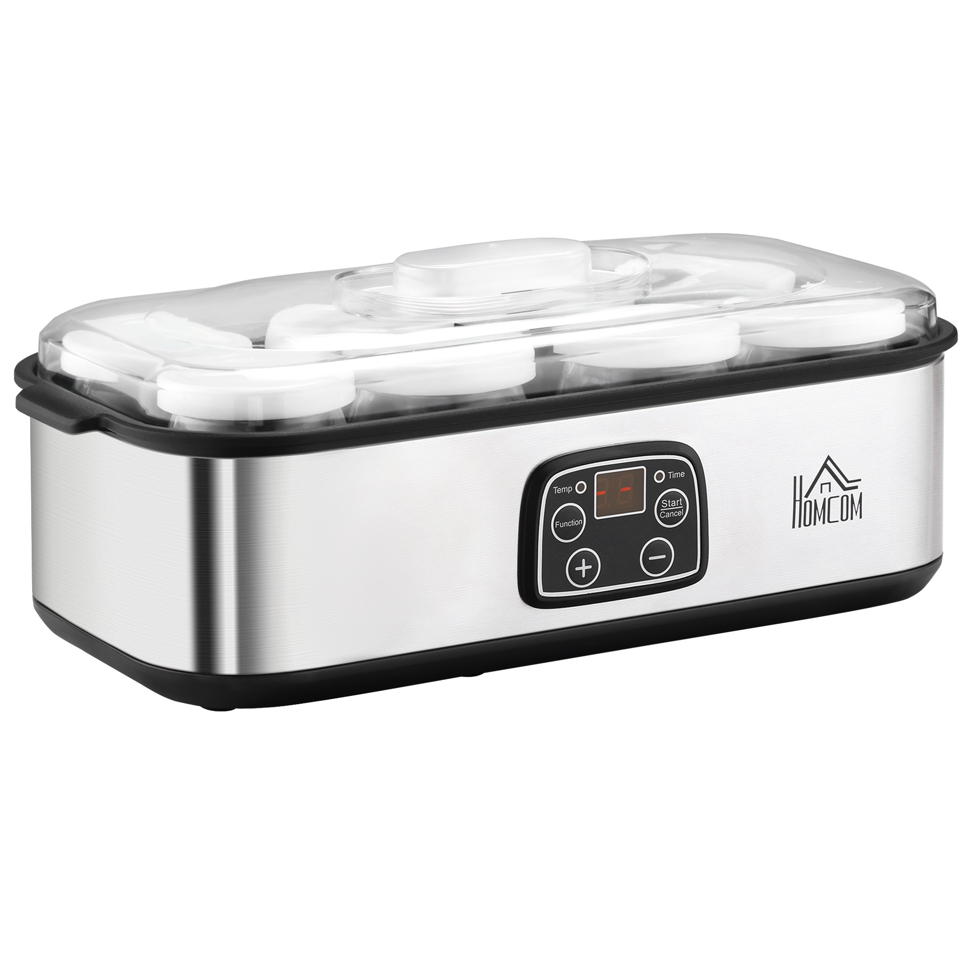 Grieķu jogurta pagatavošanas ierīce ar vāku, 8 BPA nesaturoši stikla iekšējie trauki (katrs 180 ml), ar LCD displeju un taimeri, līdz 1,4 litriem jogurta, 25 W, sudrabkrāsas