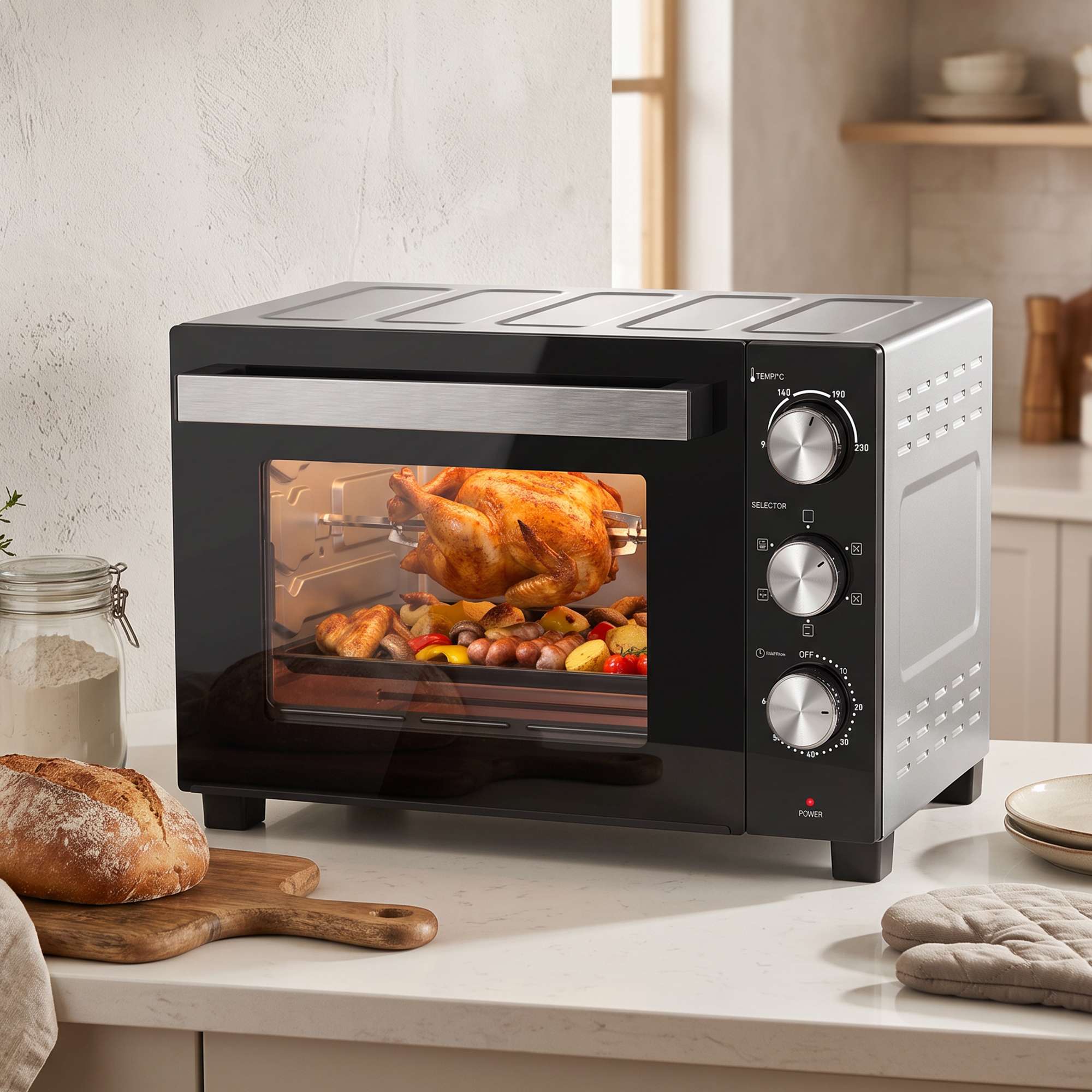 36 litru mini krāsns ar konvekciju, 90–230 °C temperatūras kontrole, 1500 W