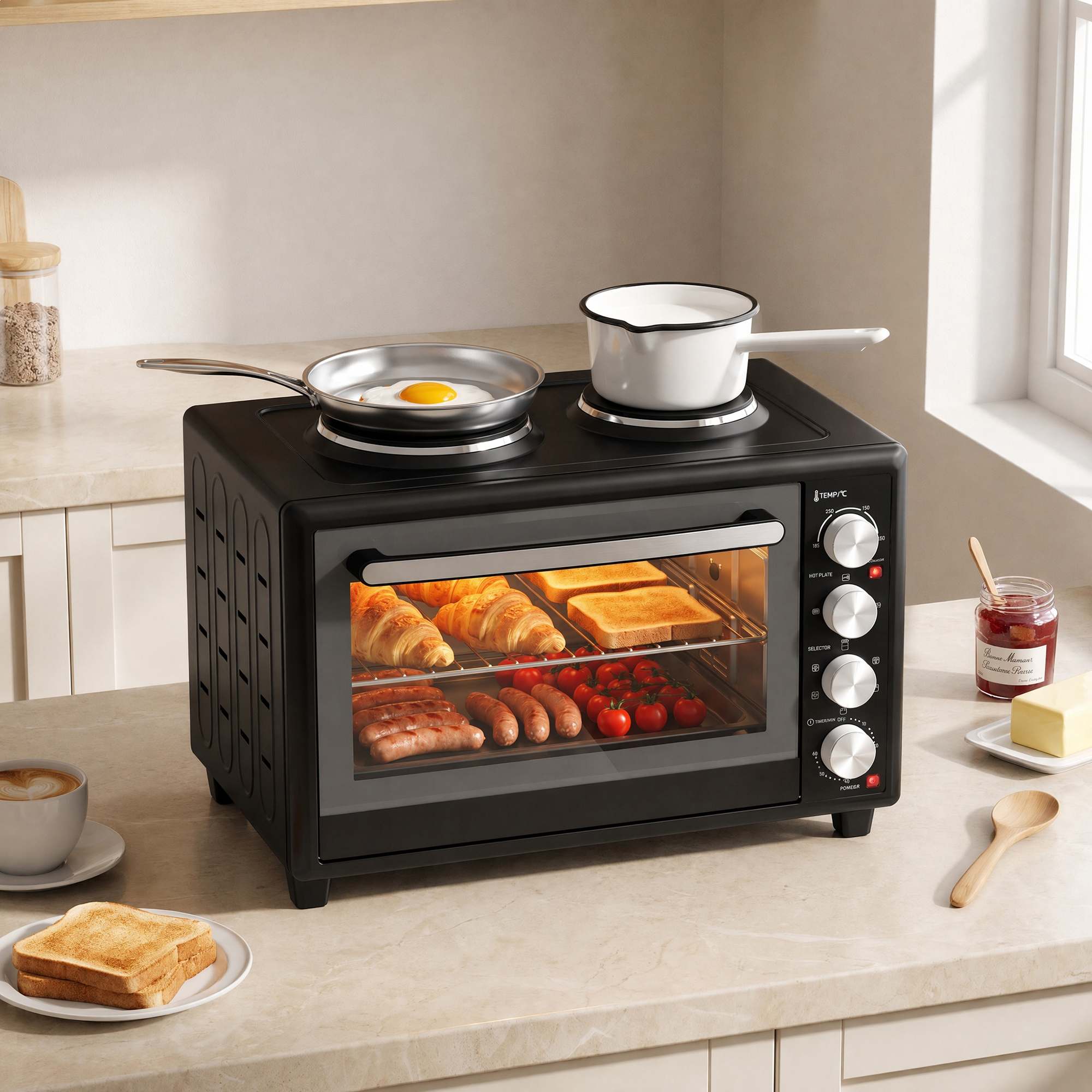 36 litru mini krāsns ar 2 sildriņķiem, elektriskā galda krāsns ar konvekciju, 90–230 °C