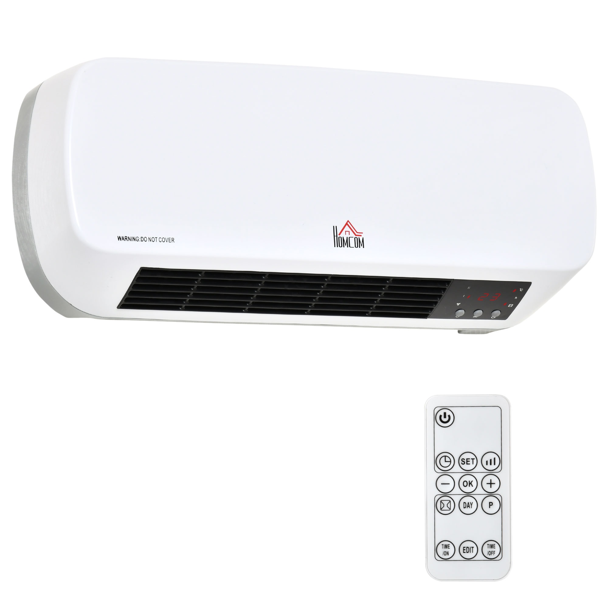 Sienas ventilatora sildītājs, 2000 W, ar tālvadības pulti, 2 sildīšanas režīmi, LED displejs, 12 stundu taimeris, vannas istabām