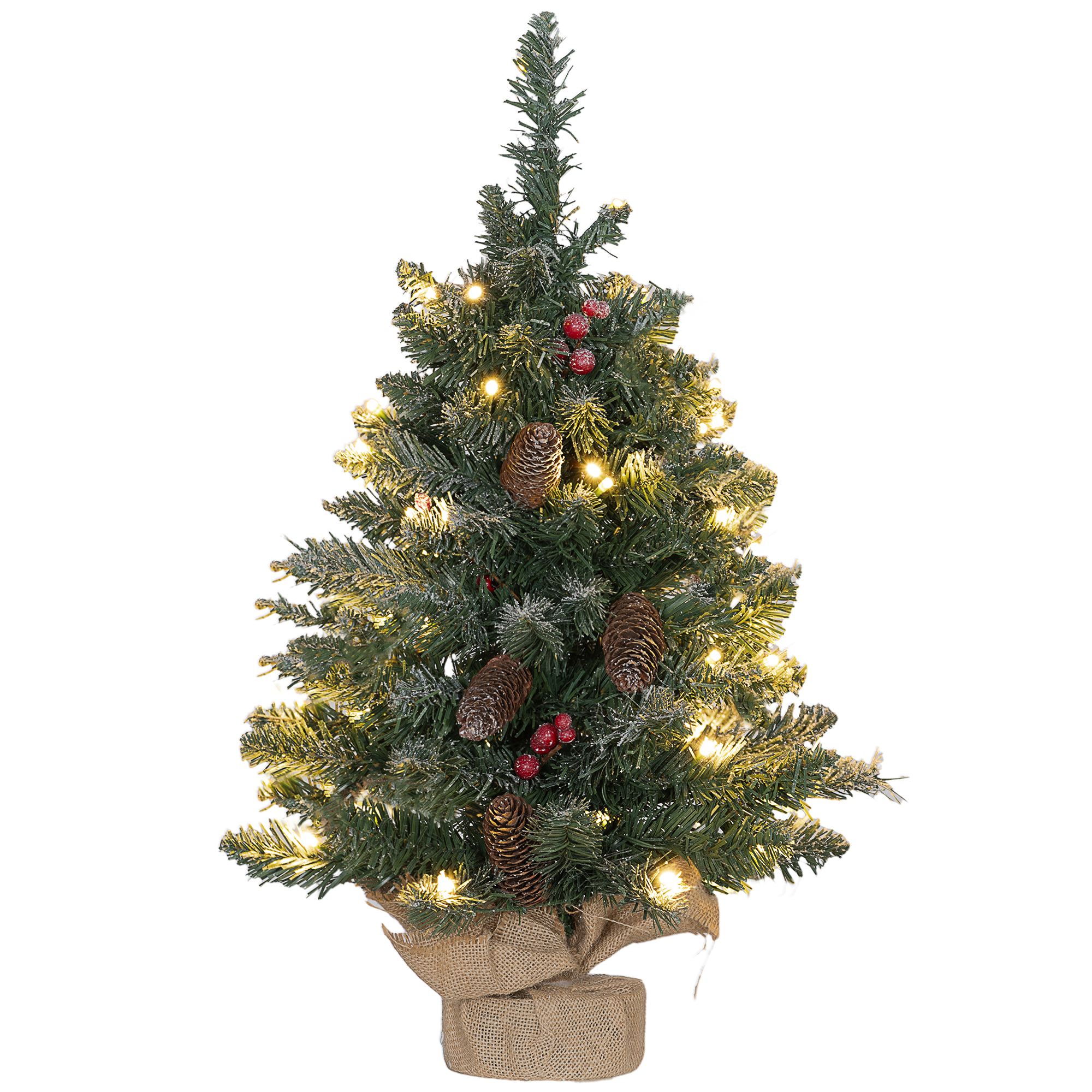 Ziemassvētku eglīte ar LED apgaismojumu, 60 cm, čiekuri un sarkanas ogas, komplektā statīvs, zaļa/balta