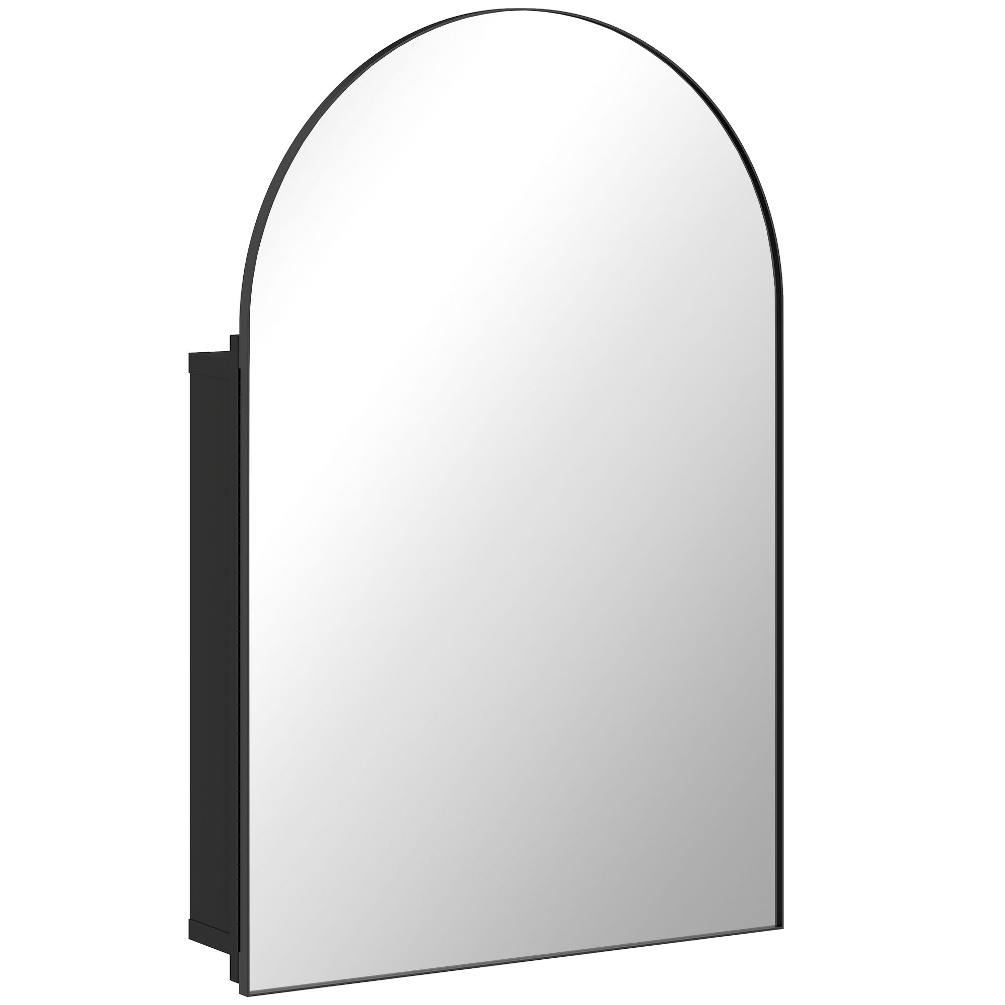 Spoguļskapītis vannas istabai, izliekts vannas istabas skapītis ar 180° durvīm, 3 plaukti, izgatavots no metāla, melns, 50 x 12 x 76 cm