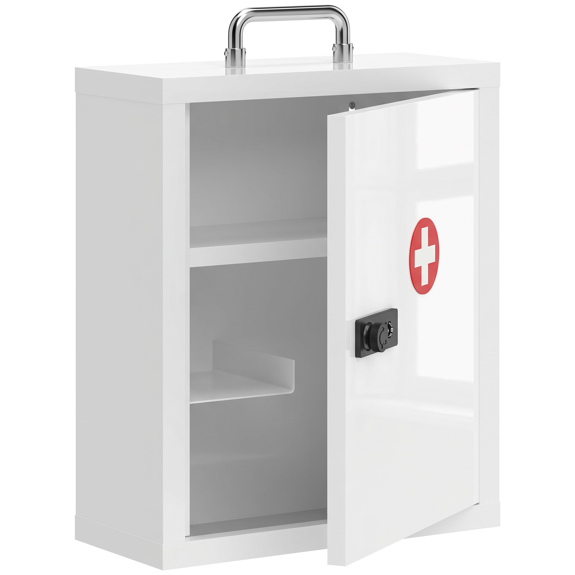 Pie sienas stiprināms pirmās palīdzības skapis ar kombinēto slēdzeni, 3 līmeņi, slēdzams pirmās palīdzības skapis no tērauda, balts