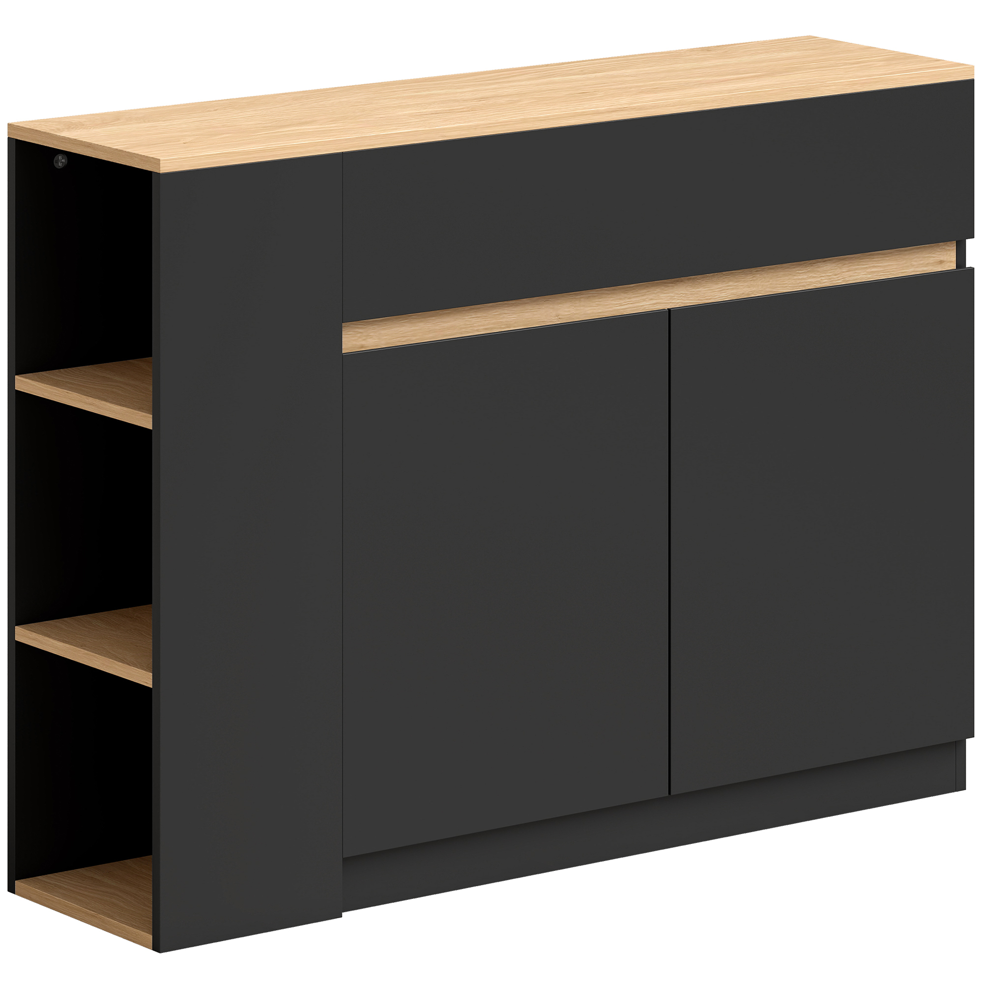 Kumode, bufetes tipa, liels skapja nodalījums, 3 līmeņu plaukts, atvilktne, melna, 110 x 29,5 x 82 cm