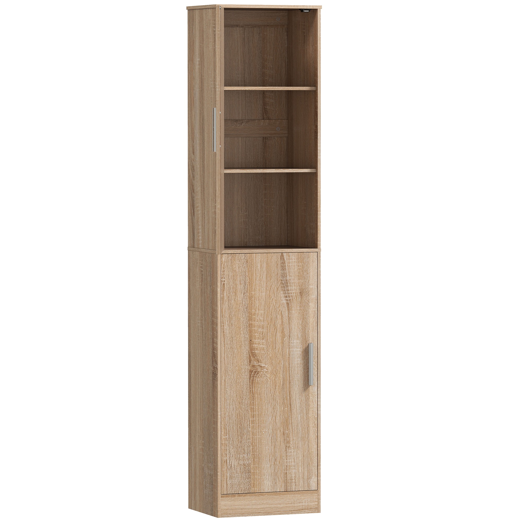 180 cm augsts vannas istabas skapis, šaurs vannas istabas skapis ar 2 durvīm, 4 regulējamiem plauktiem, skaidu plātne, MDF, dabīgs koks