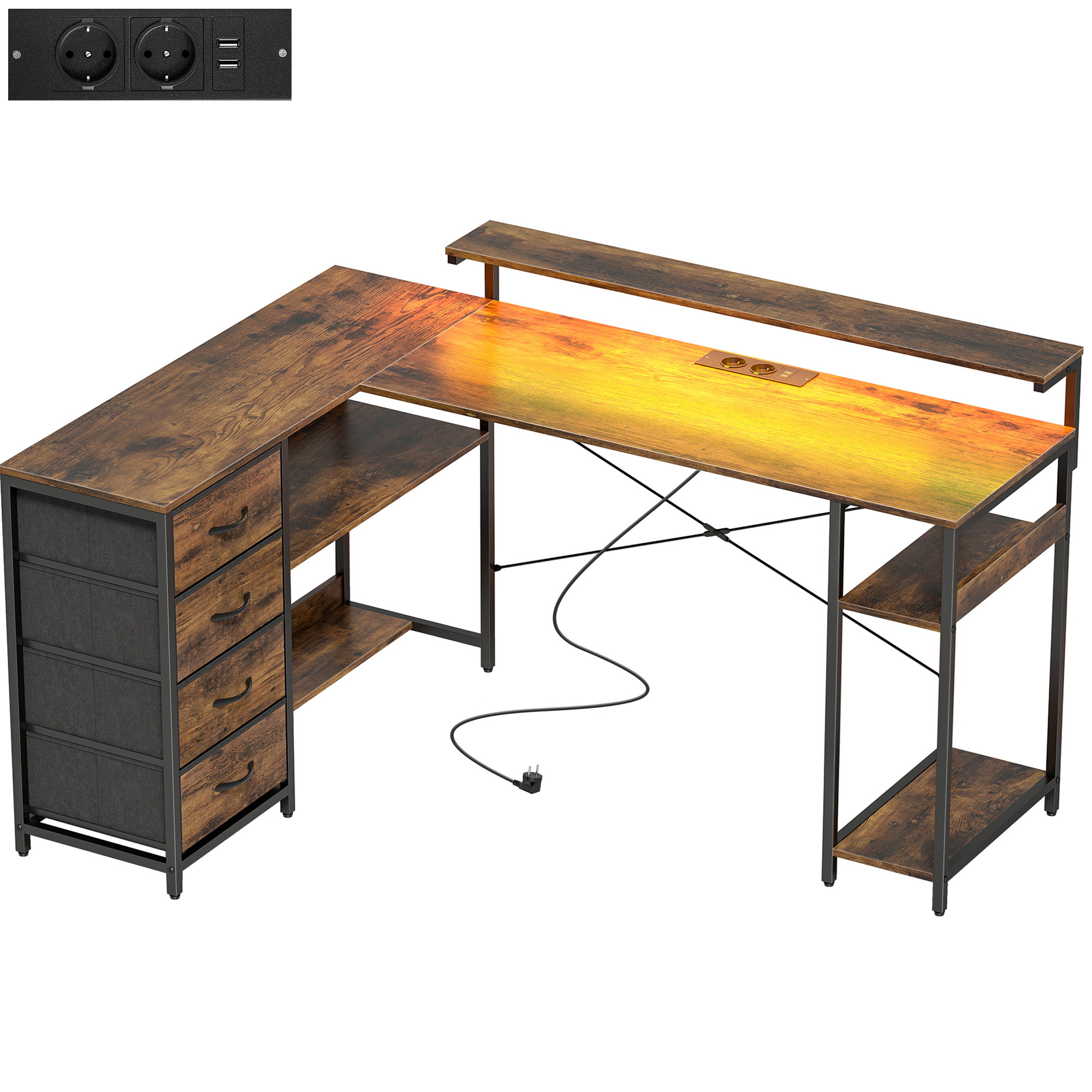 Spēļu galds, L-veida, ar strāvas kontaktligzdu, LED apgaismojumu, 4 atvilktnēm, monitora statīvs, 155x110x91,4 cm, brūns