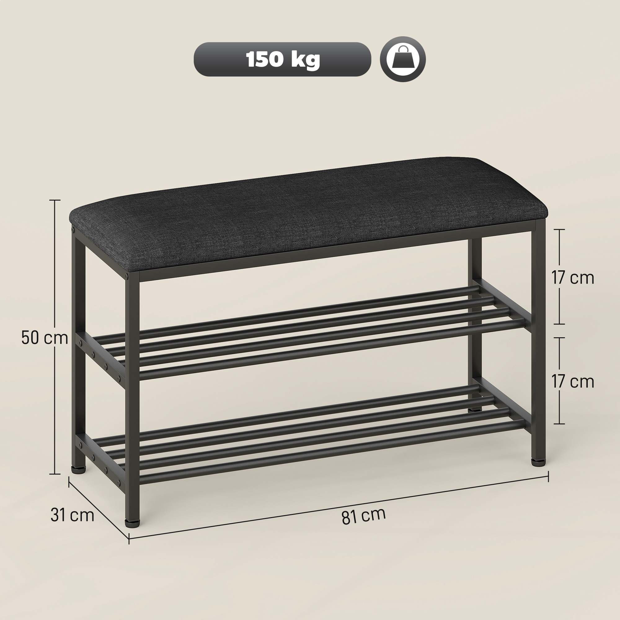 Apavu sols ar sēdekli, sols ar uzglabāšanas vietu, apavu plaukts ar 2 atvērtiem nodalījumiem, sols 81 x 31 x 50 cm melns