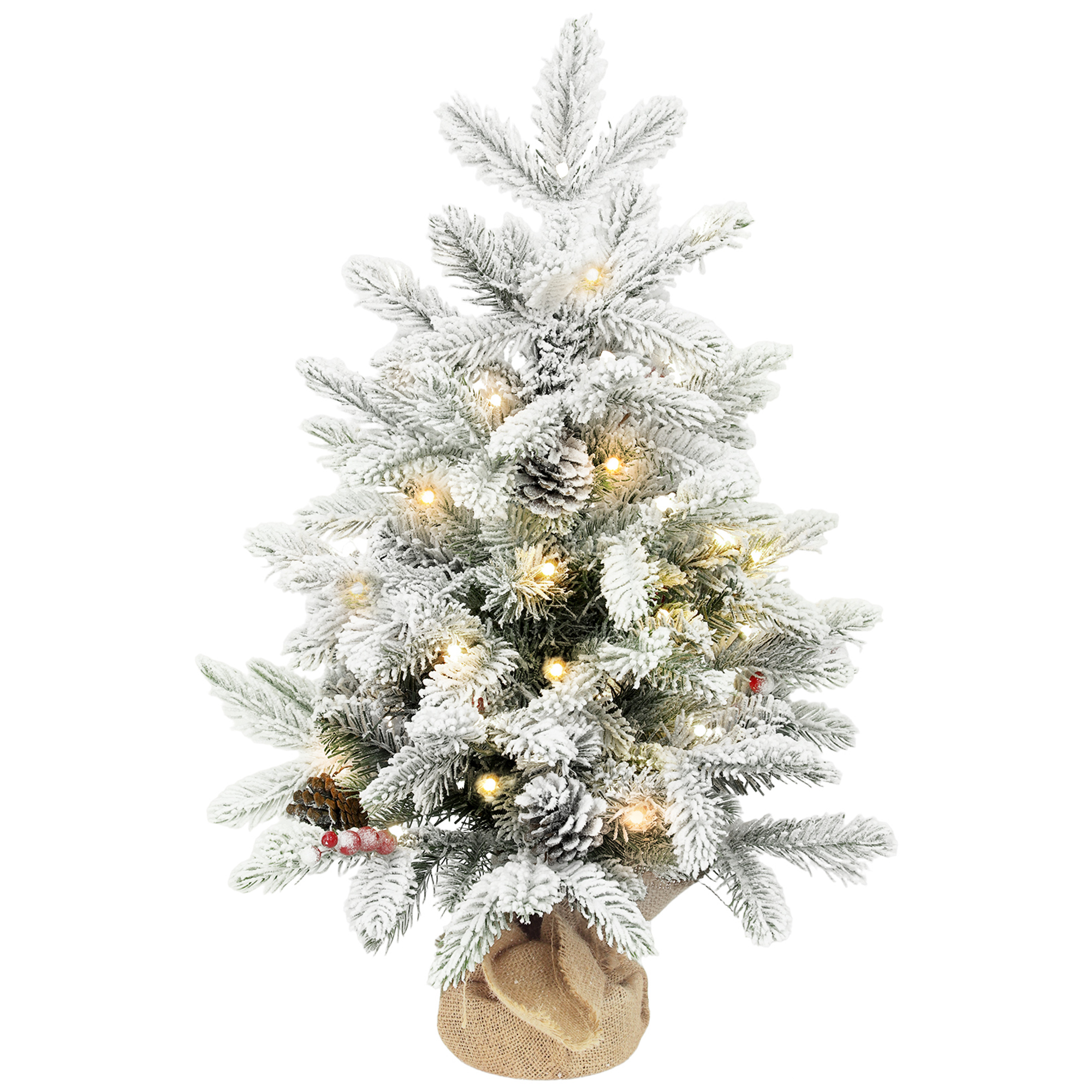 Mini 60 cm Ziemassvētku eglīte ar 35 LED gaismiņām, sniega efektu, mini galda eglīte ar čiekuriem, mākslīgā Ziemassvētku eglīte Ziemassvētku rotājumiem, balta