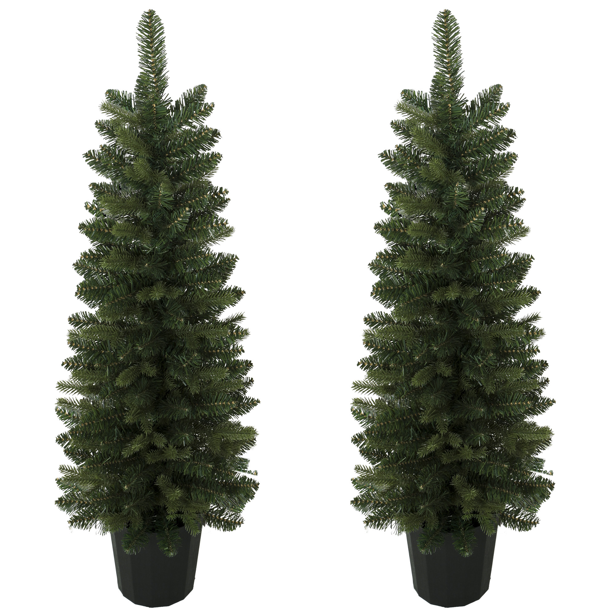 2 mākslīgo Ziemassvētku eglīšu komplekts, 120 cm, egle ieejas zonai ar 170 zaru galiem, puķupoda pamatne, zaļa