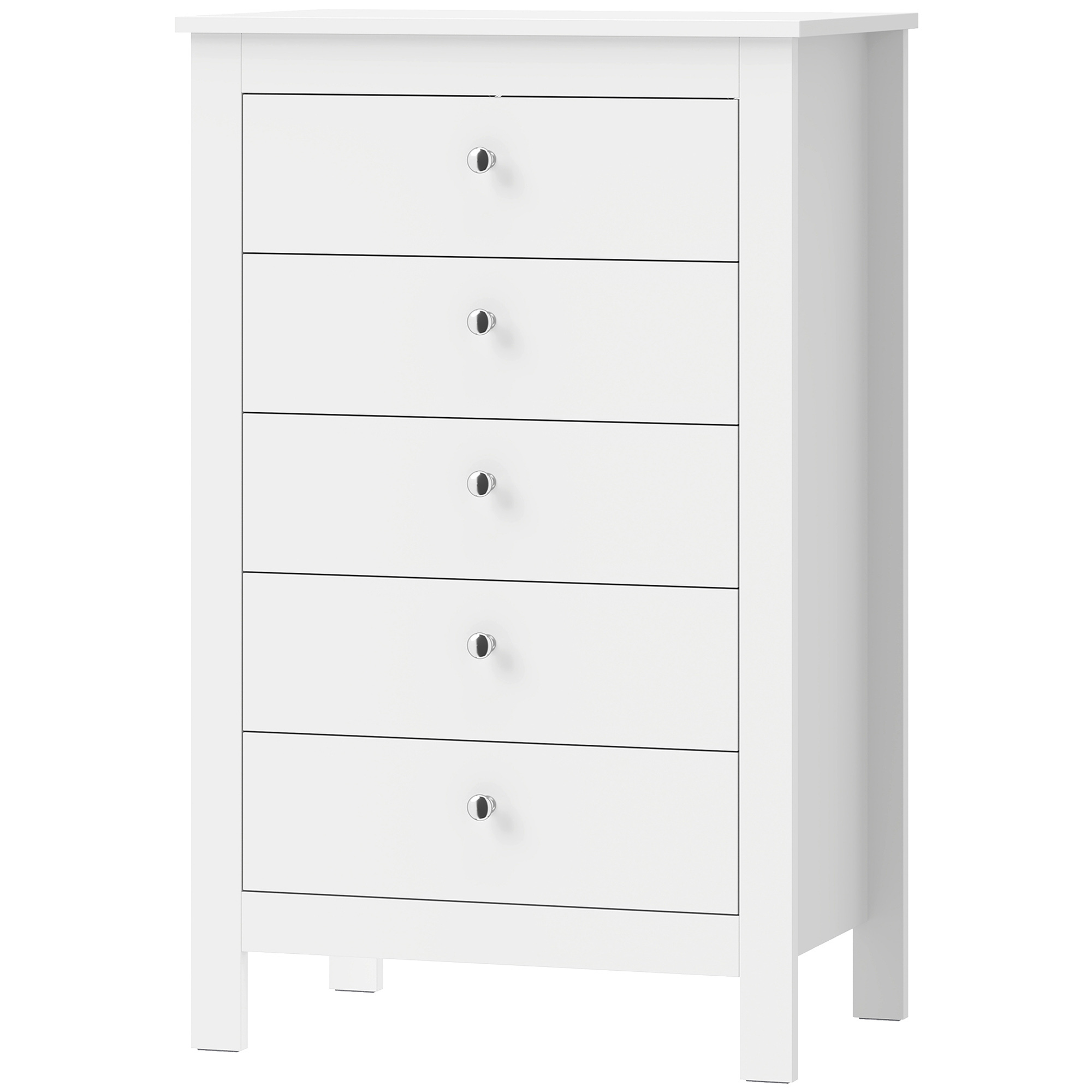 Kumode ar 5 atvilktnēm, skapis guļamistabai ar viegli ritošām sliedēm, 60 x 39,5 x 95,3 cm, balta