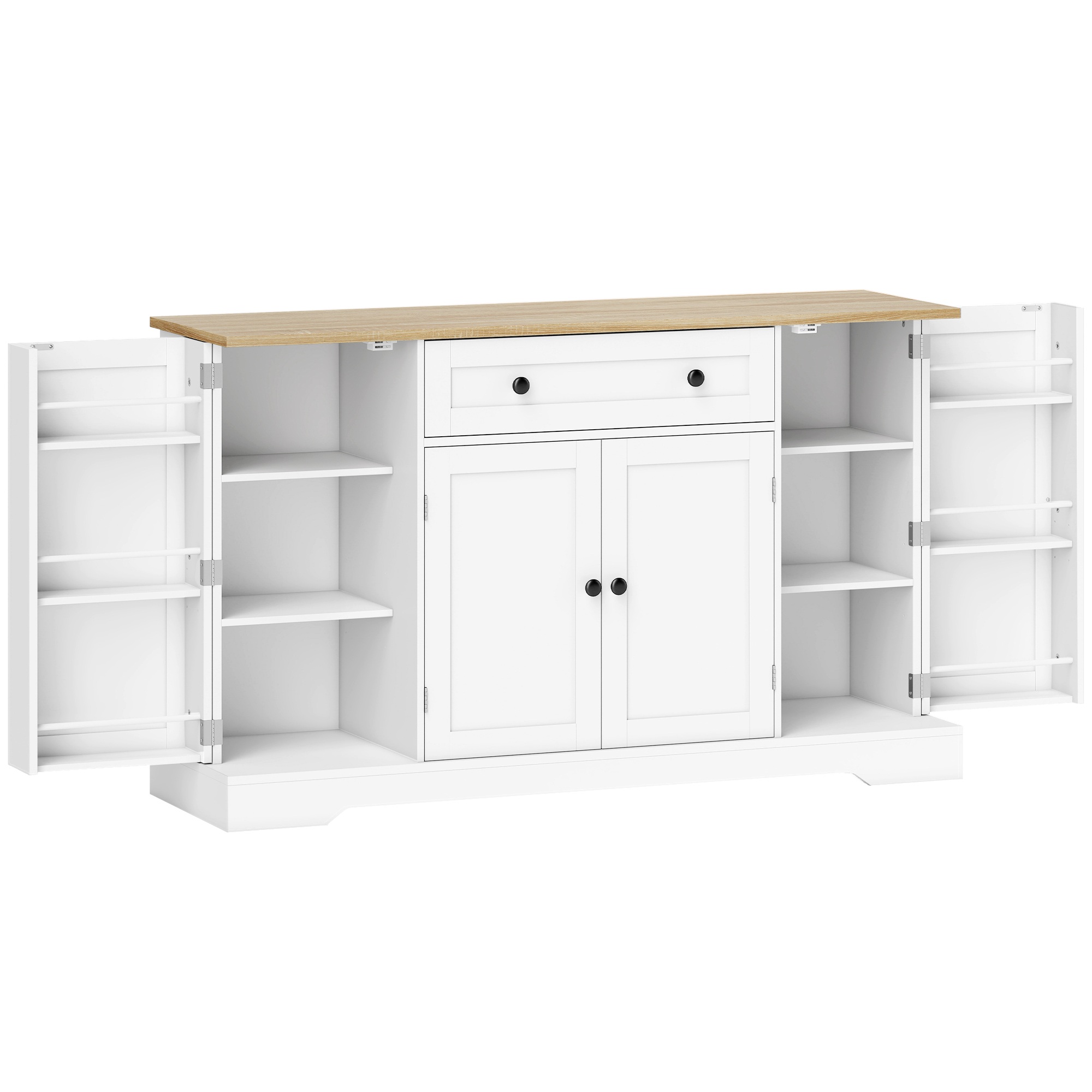 Kumodes virtuves skapītis ar 4 durvīm, atvilktni, regulējamu plauktu, durvju plauktiem virtuvei, ēdamistabai, 138x40x85cm, balts