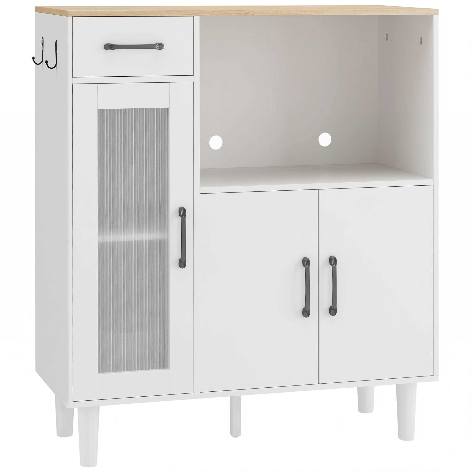 Kumodes virtuves skapītis ar atvilktni, 2 skapīši, atvērts nodalījums, rievotas akrila stikla durvis 80 x 34 x 91 cm Balts+ozols