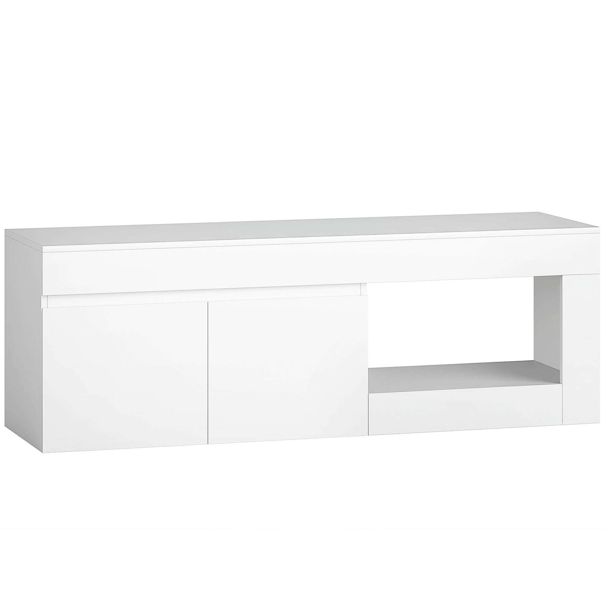 Moderns zemais TV skapītis viesistabai ar 2 durvīm, atvērtu nodalījumu un rokturiem, televizoriem līdz 60 collām, 140 x 40 x 48 cm, balts