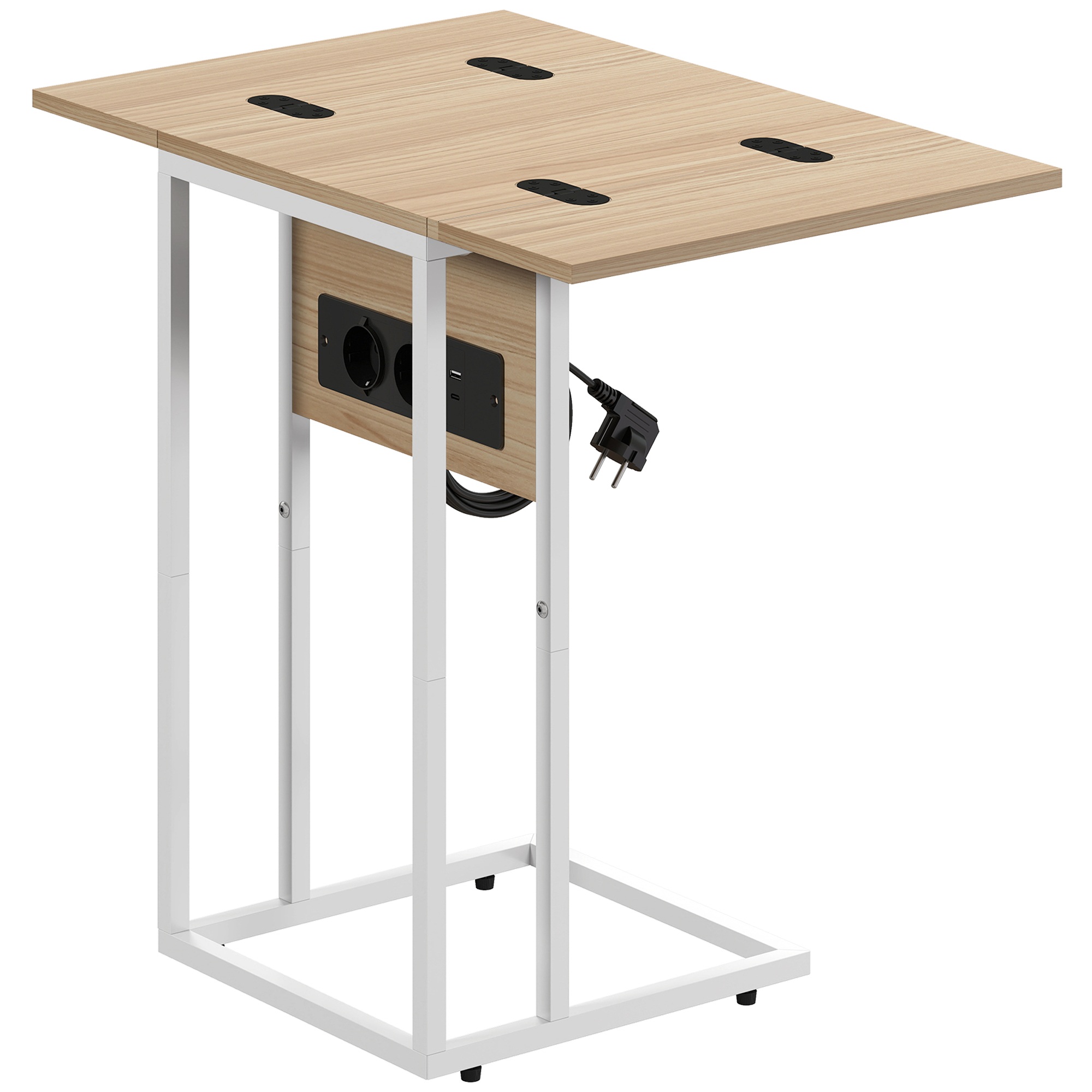 Salokāms sānu galdiņš, uzlādes stacija ar USB portiem, metāla, 39 x 29 x 57 cm, koka krāsā