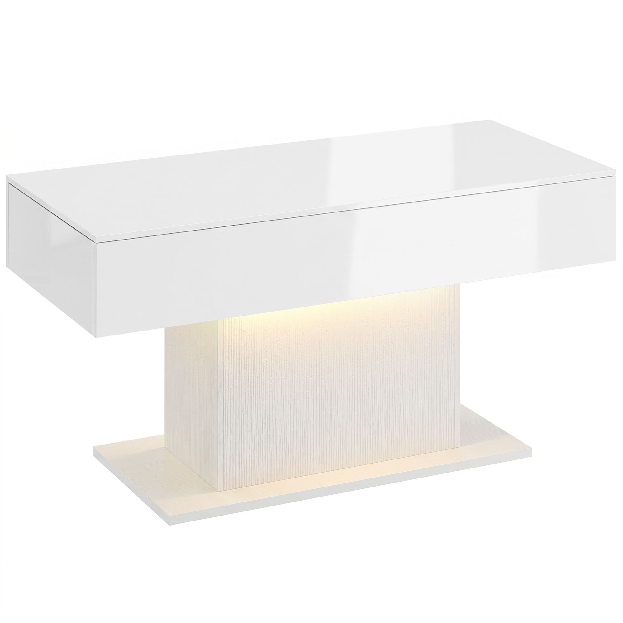 LED kafijas galdiņš ar uzglabāšanas vietu, spīdīgs, moderns, 2 atvilktnes un tālvadības pults, balts