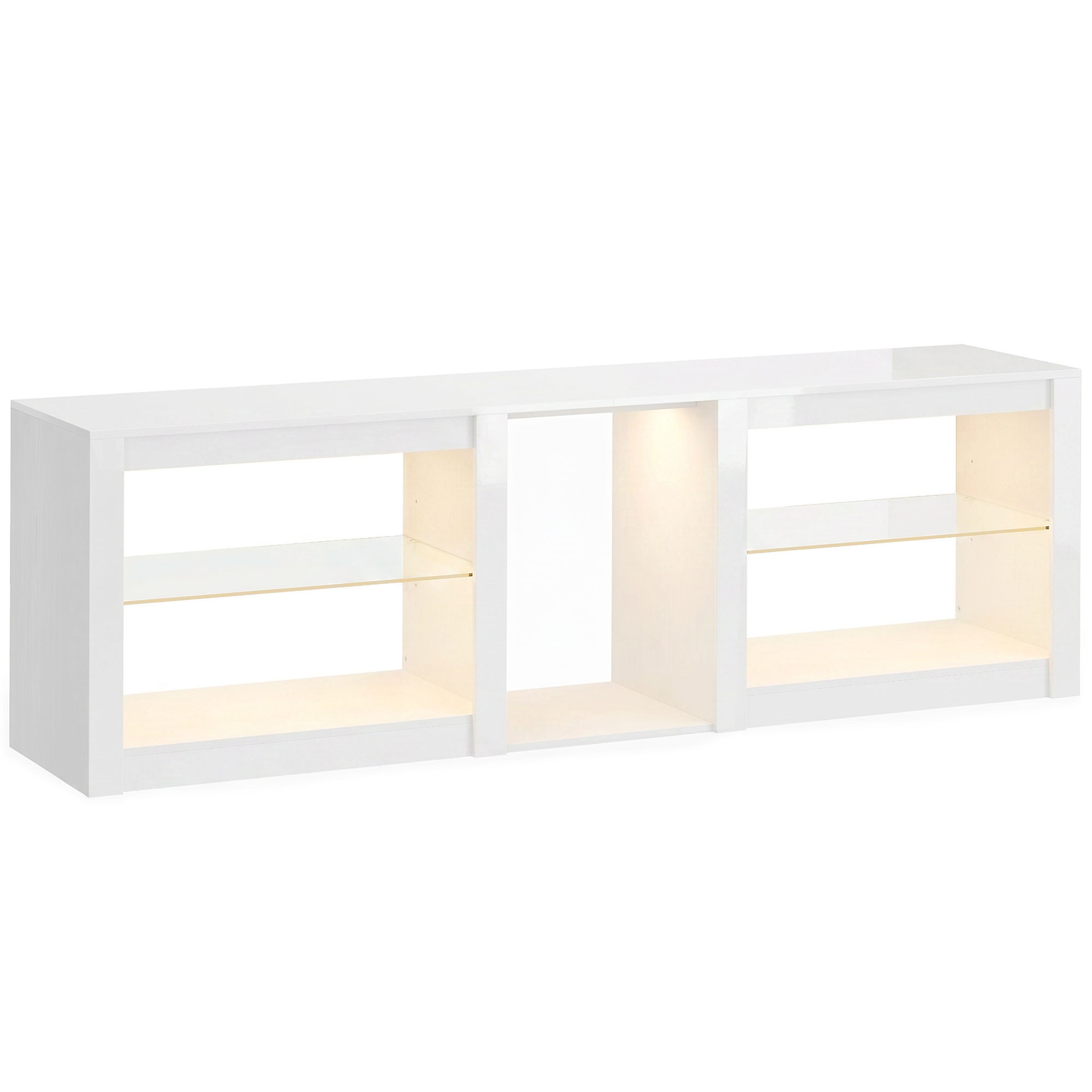 Zemais TV skapītis ar RGB LED apgaismojumu, moderna TV mēbeles ar regulējamiem stikla plauktiem, televizoriem līdz 190 cm, balts