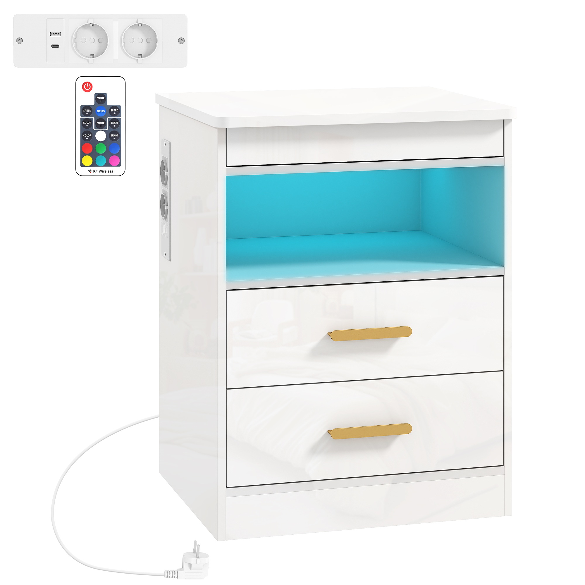 Naktsskapītis, sānu galdiņš ar uzlādes staciju un RGB LED apgaismojumu, spīdīgi balts