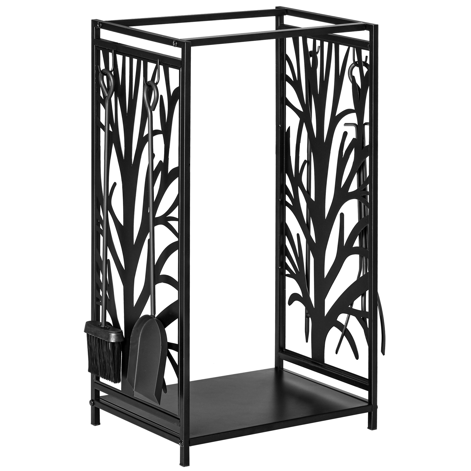 Iekštelpu malkas statīvs, tērauds, 46 × 30 × 70 cm, ar 4 kamīna instrumentu āķiem, kamīna instrumentu komplekts, malkas statīvs kamīnam vai plītij, malkas statīvs, malkas turētājs malkai, melns