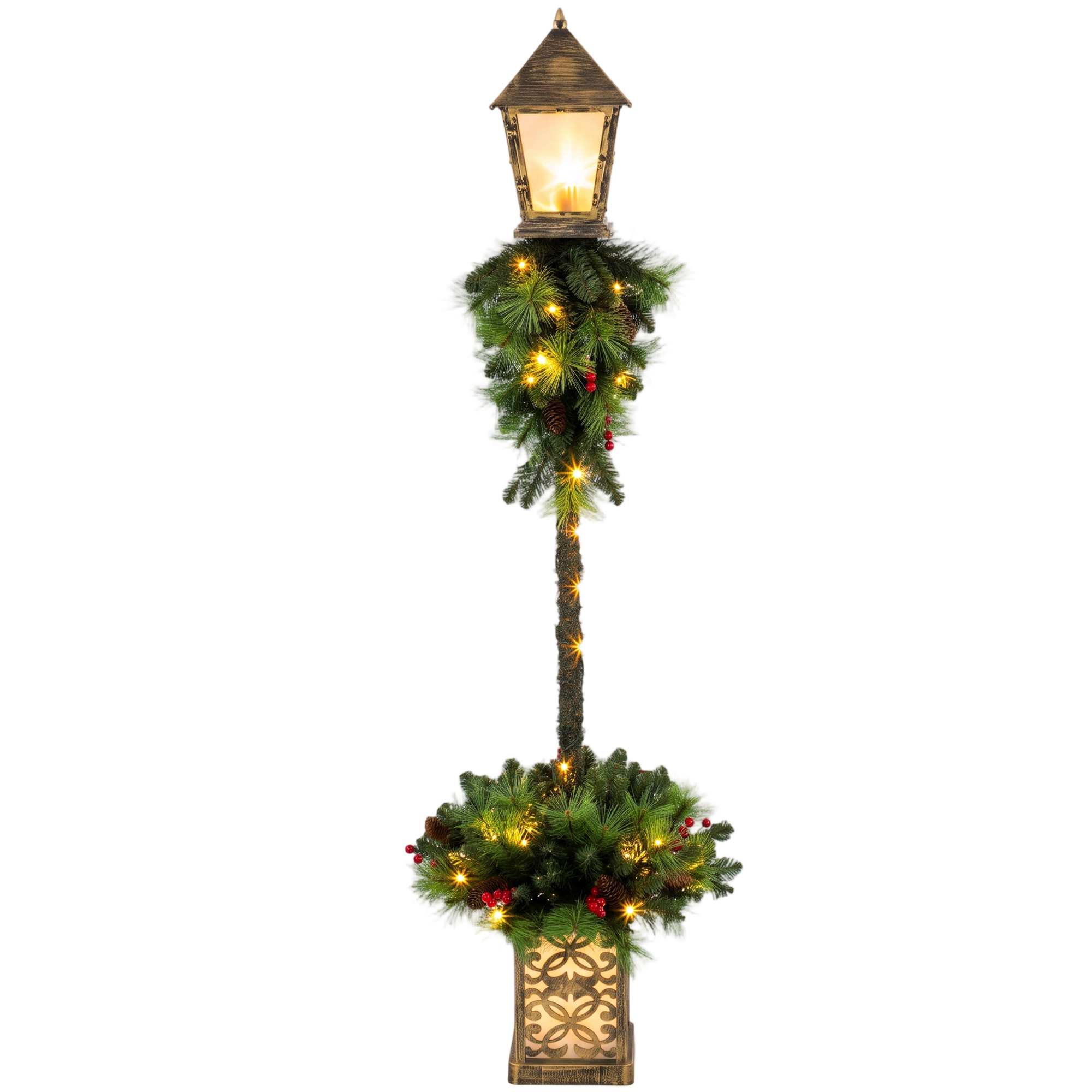 Ziemassvētku ielu lampa ar 50 silti baltām LED gaismām, āra lampa ar 159 PVC zaru galiem un sarkanām ogām