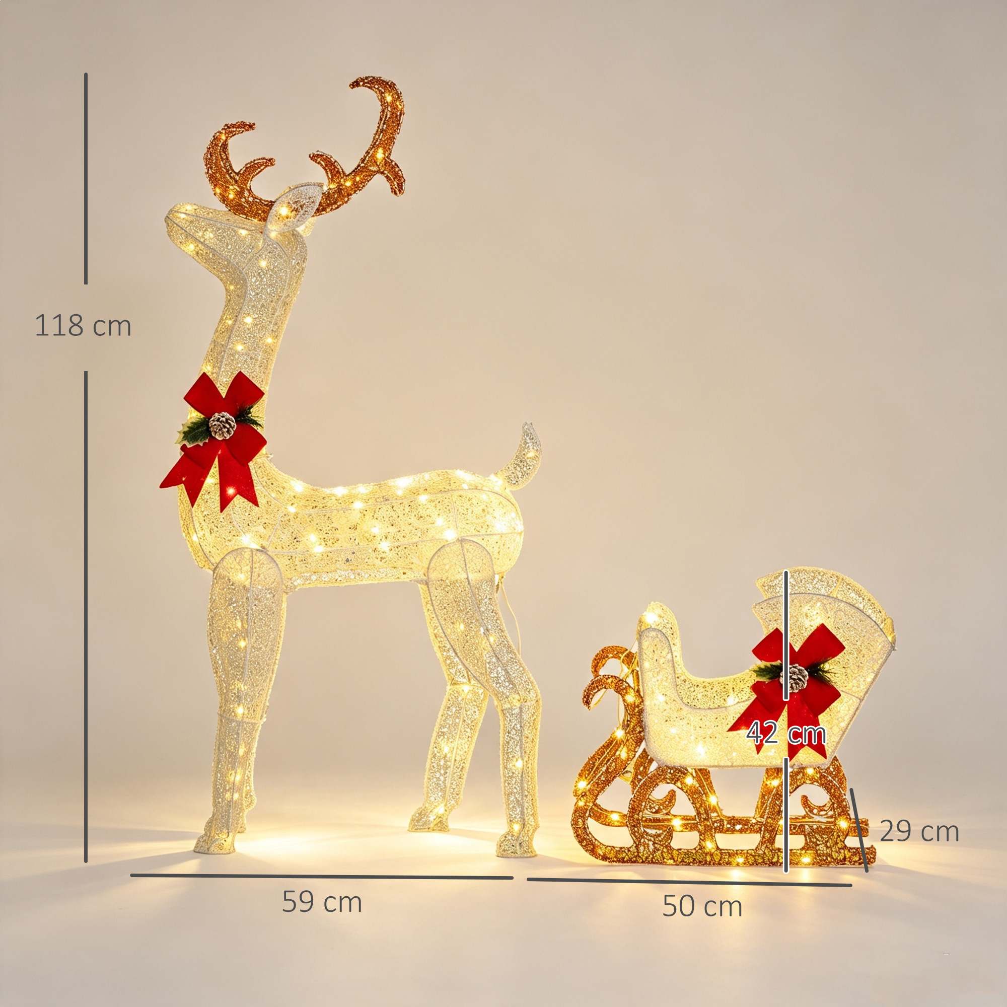 LED Ziemassvētku rotājums, izgaismots ziemeļbriedis un kamanas, 170 gaismiņas, 50 x 29 x 42 cm