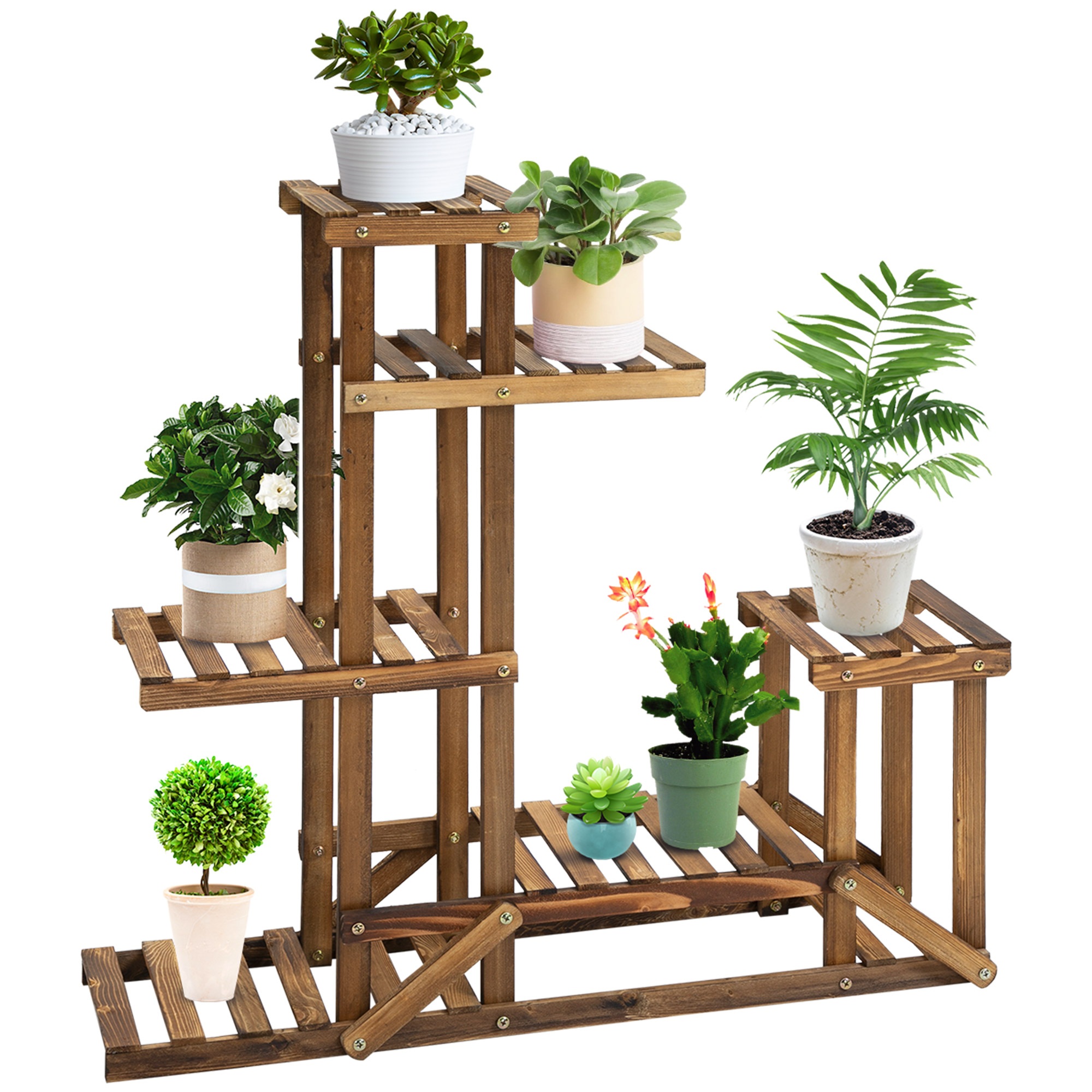 Puķu statīvs, augu plaukts, 6 līmeņi, četru līmeņu puķu statīvs, puķu kāpnes, masīvkoks, apdedzināts, 98 x 28 x 96,5 cm
