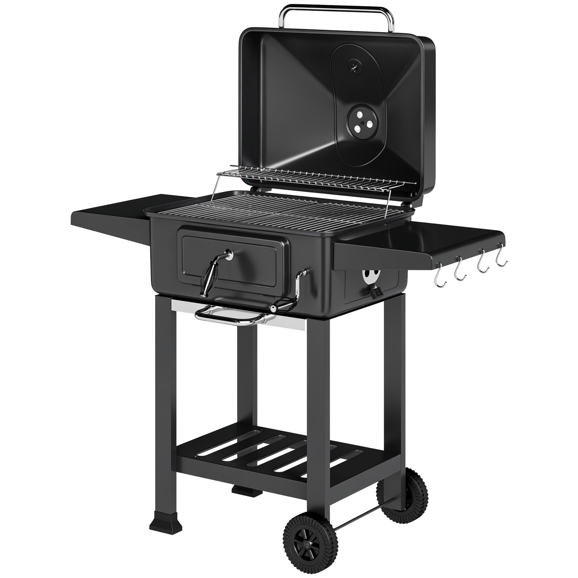 Ogļu grila BBQ kūpinātava ar vāku, termometru, regulējamu augstumu, ogļu pannu, grila režģi, sānu galdiņu, pelnu atvilktni