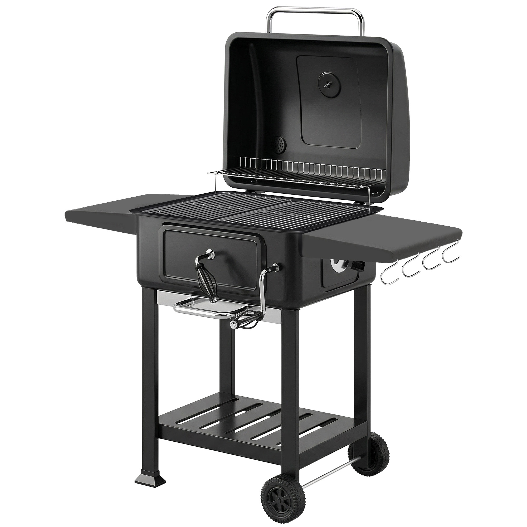 Ogļu grila BBQ kūpinātava ar vāku, termometru, augstumā regulējamu ogļu pannu, skursteni, grila režģi, sānu galdiņu, pelnu pannu