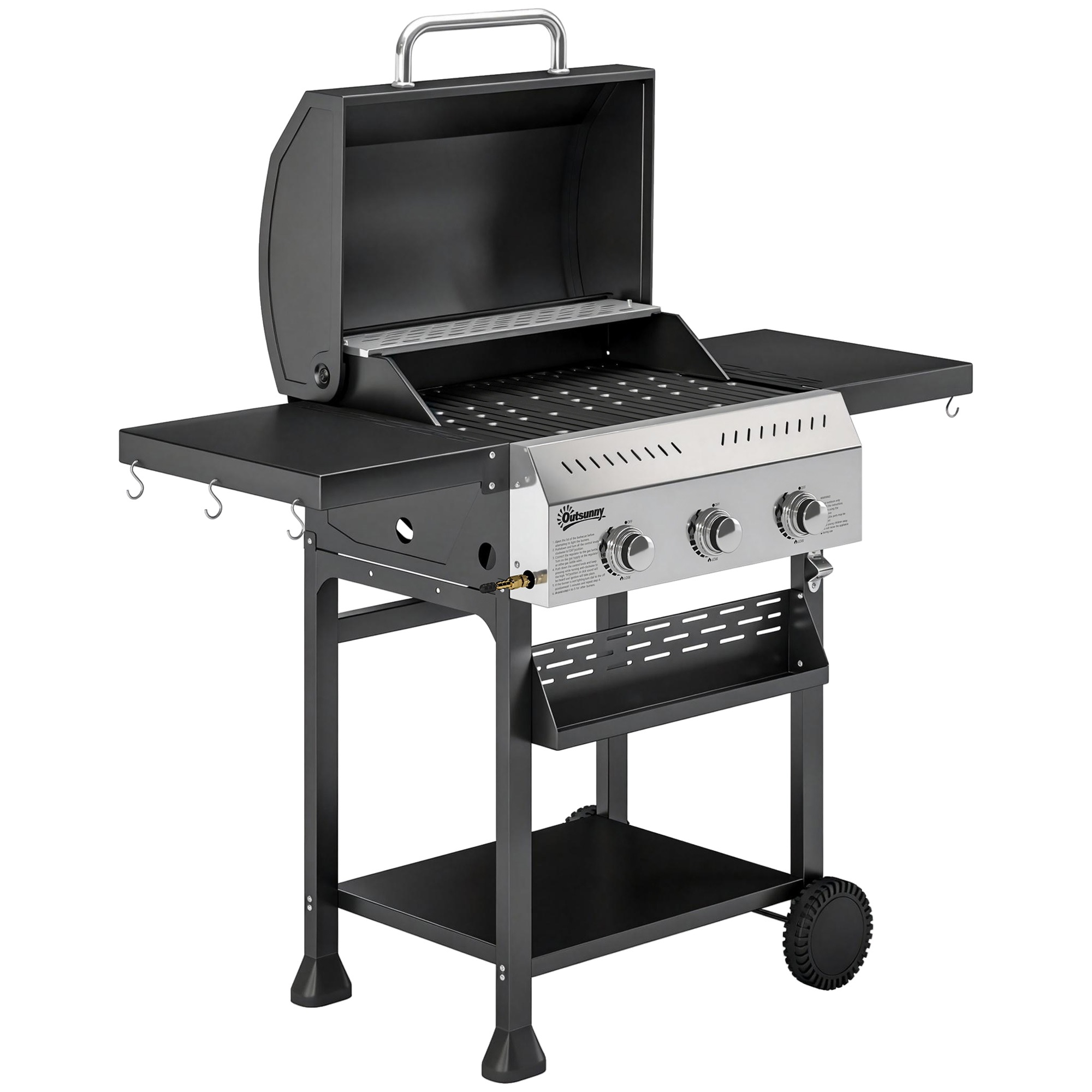 Gāzes grils 9 KW 3 degļu BBQ grila ratiņi no nerūsējošā tērauda, ieskaitot salokāmu sānu galdiņu, garšvielu turētāju, apakšējo plauktu, 6 āķus