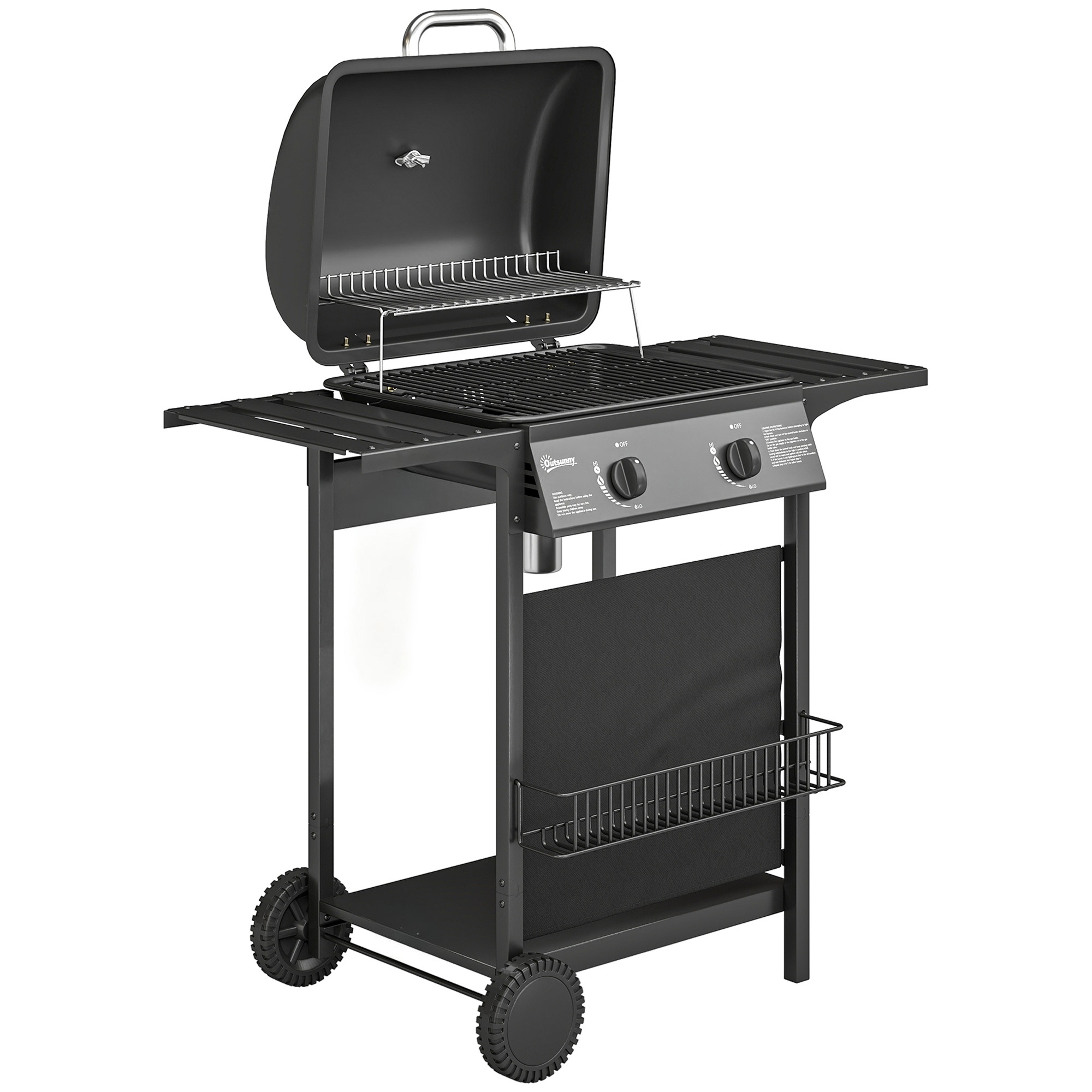 Gāzes grils 5 KW 2 degļi BBQ grila ratiņi no nerūsējošā tērauda, komplektā ar sānu galdu, apakšējo grozu, priekšējo vāku, termometru, emaljētām grila restēm