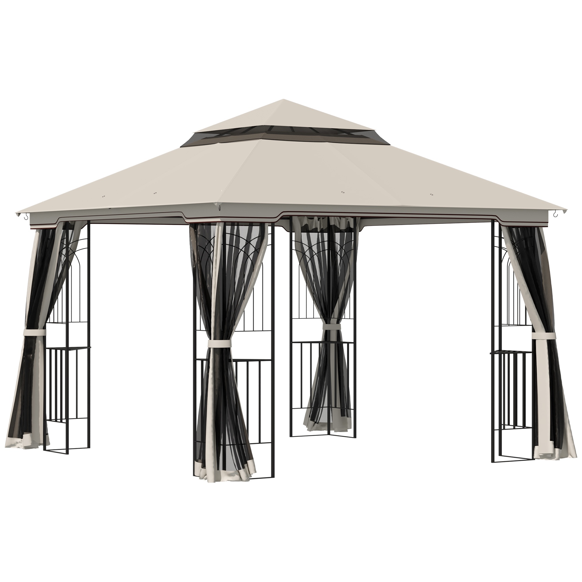 Dārza paviljons ar dubultu jumtu, dārza lapene, dārza telts, pasākumu telts, ballīšu telts ar 4 sānu sienām, metāls un poliesters, bēša, 2,99 x 2,99 x 2,74 m