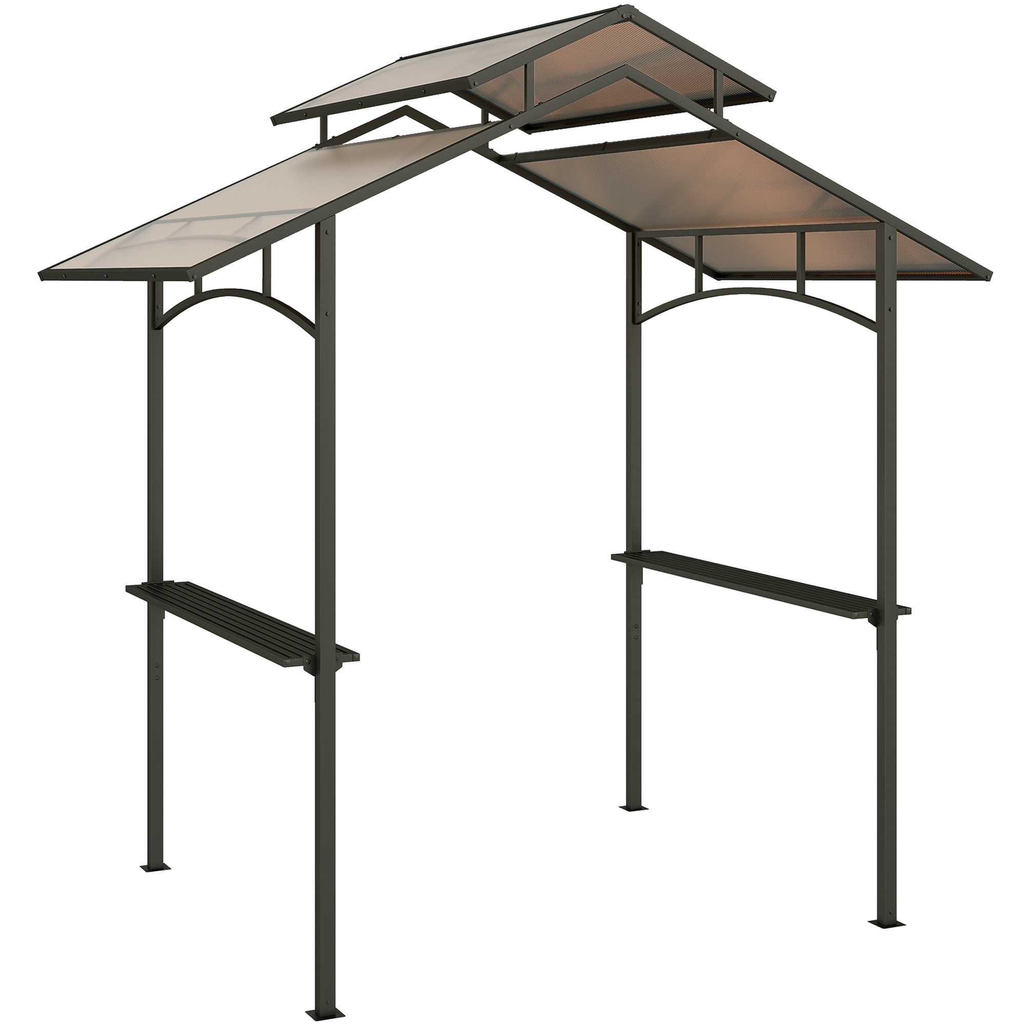 Grila paviljons ar ugunsdrošu jumtu, BBQ paviljons ar 2 plauktiem, 2,5 x 1,5 m, tērauda PC, melns+brūns