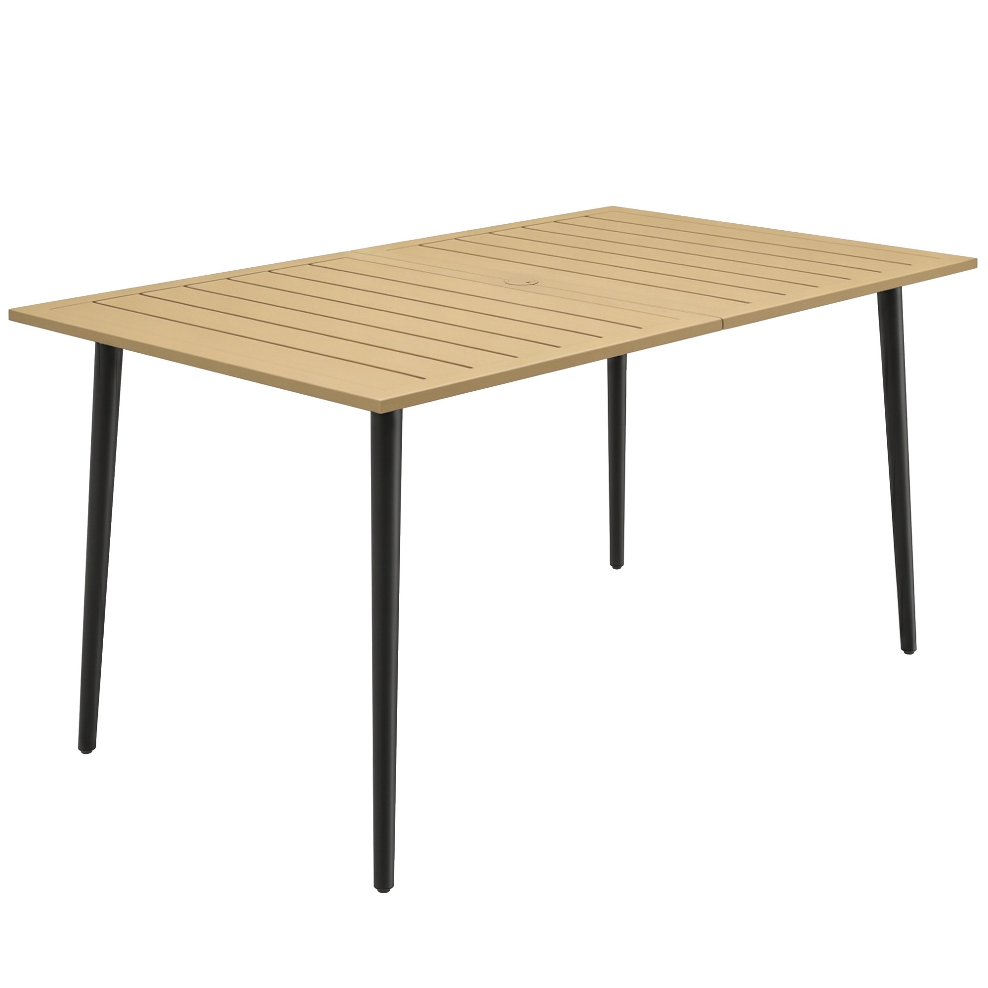 Dārza galds 150x90cm, laikapstākļiem izturīgs balkona galds no tērauda, balkona galds ar saulessarga caurumu, brūns