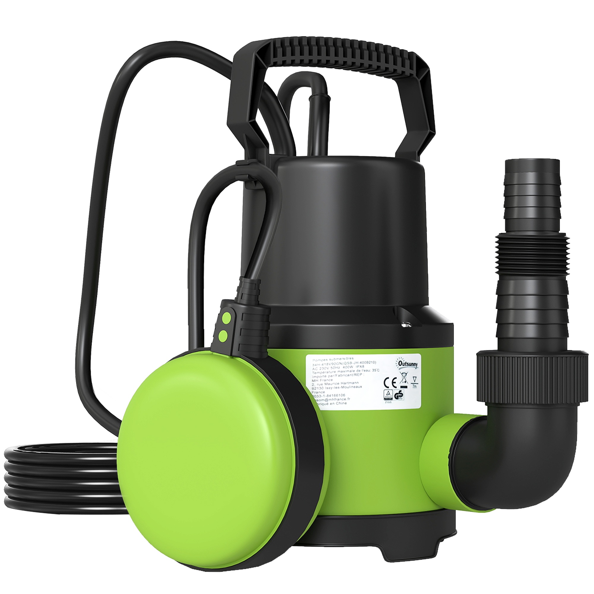 Iegremdējamais sūknis, dīķa sūknis, ūdens sūknis ar pludiņa slēdzi, strūklakas sūknis, 400 W, 9000 l/h, 16 x 14 x 27 cm, zaļš