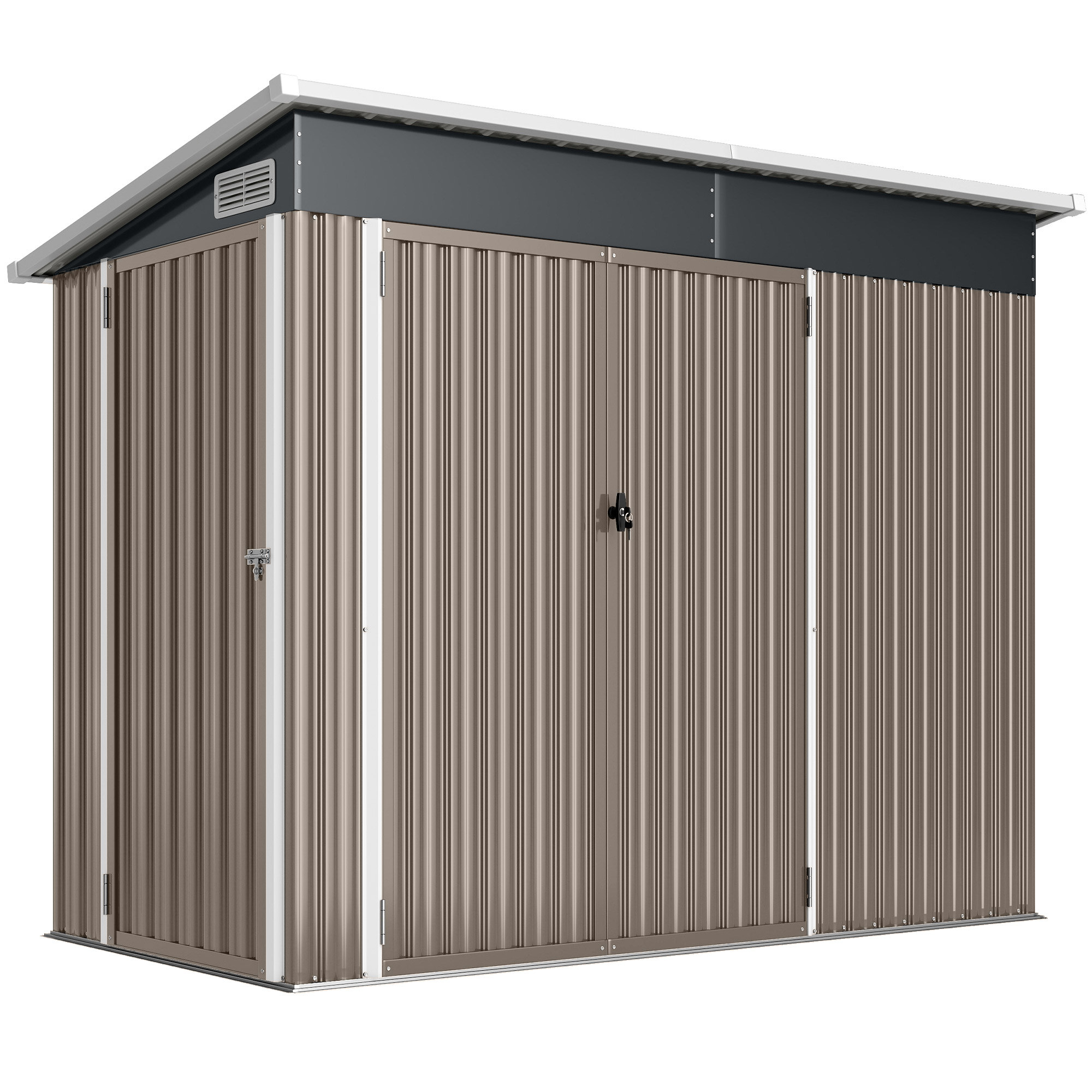 Metāla dārza šķūnis 2,68 m², slēdzams, instrumentu šķūnis ar 3 durvīm, ventilāciju, jumta segumu, cimdiem