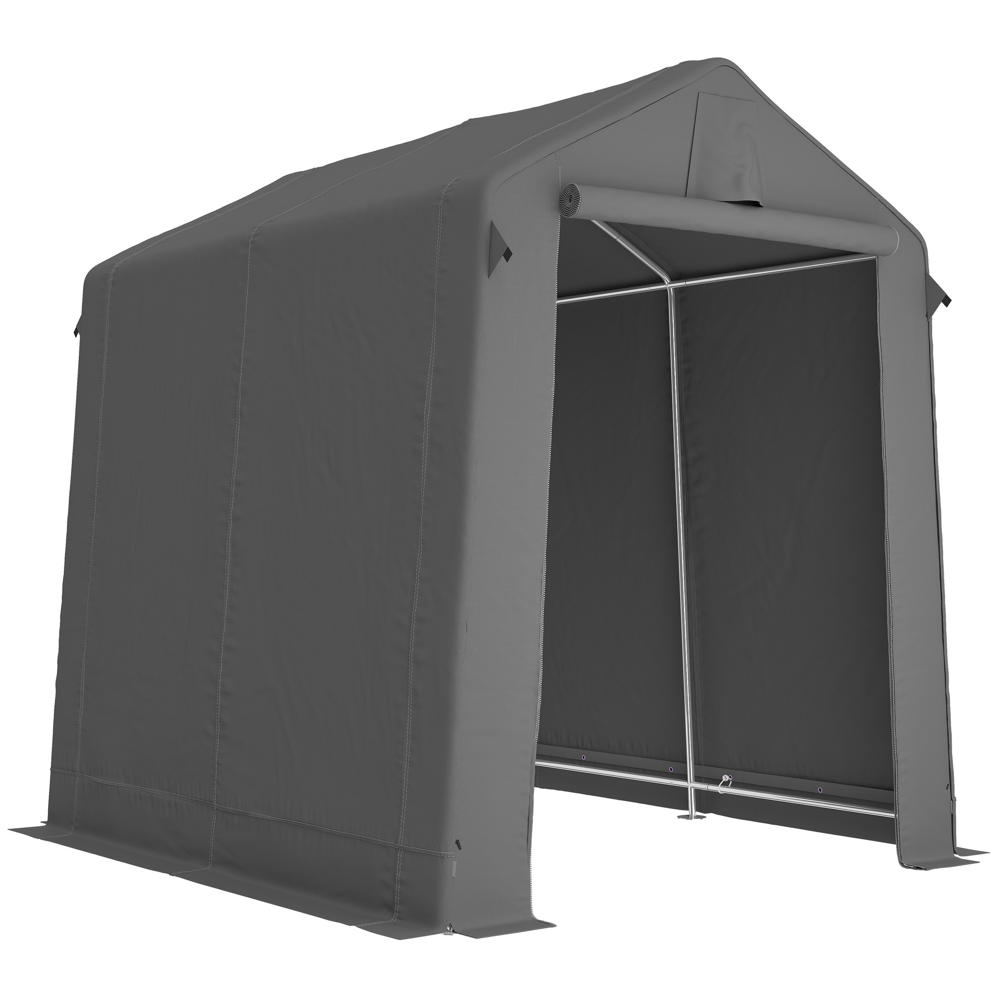 Garāžas telts 2,3 x 1,9 m, ūdeni atgrūdoša aprīkojuma telts ar sarullējamu stieni, rāvējslēdzēja durvis, ventilācija, divslīpju jumts, tumši pelēka