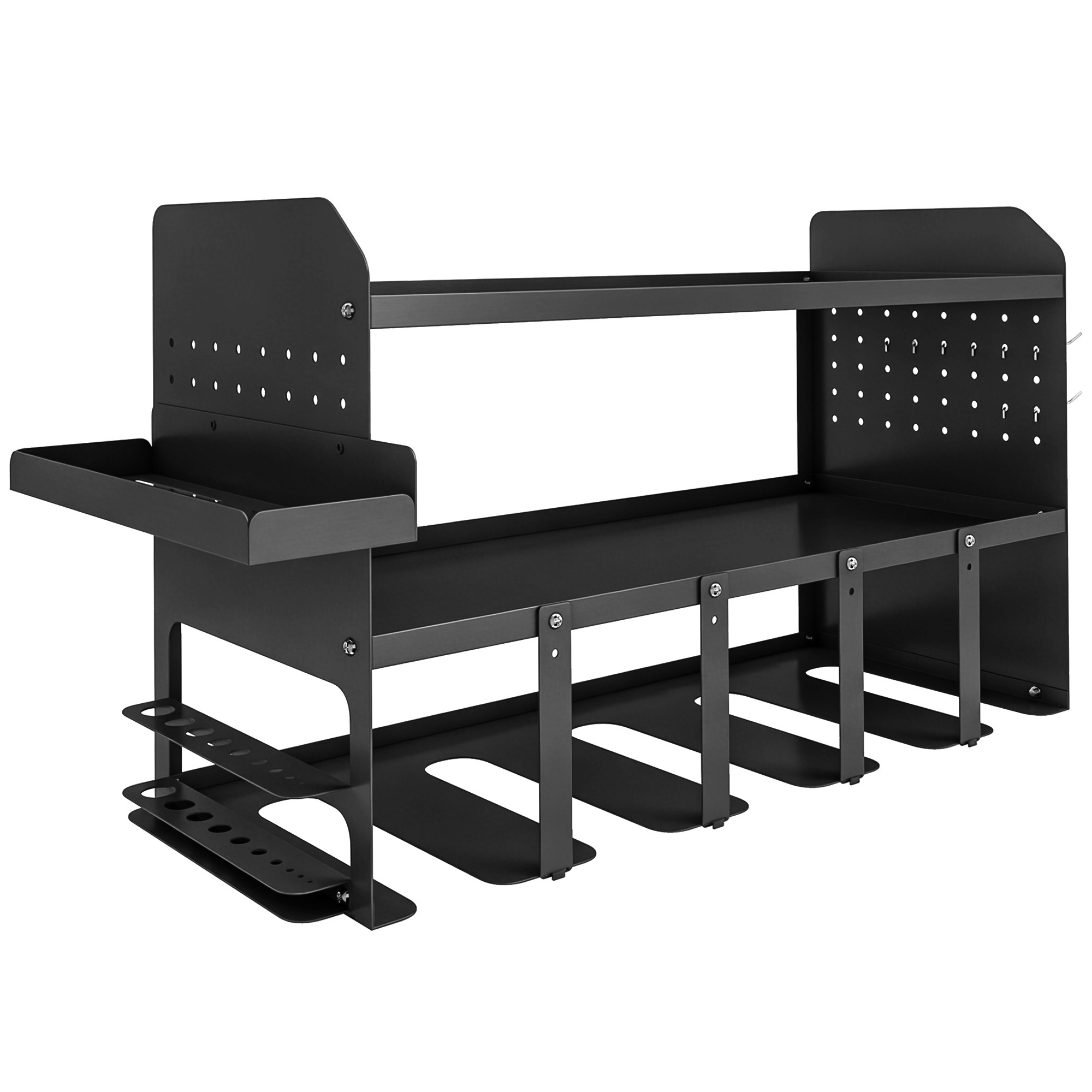 Divpakāpju dārza instrumentu organizators, dārza instrumentu statīvs ar āķiem, sānu nodalījums, līdz 50 kg, 61,8 x 23 x 32,7 cm, melns
