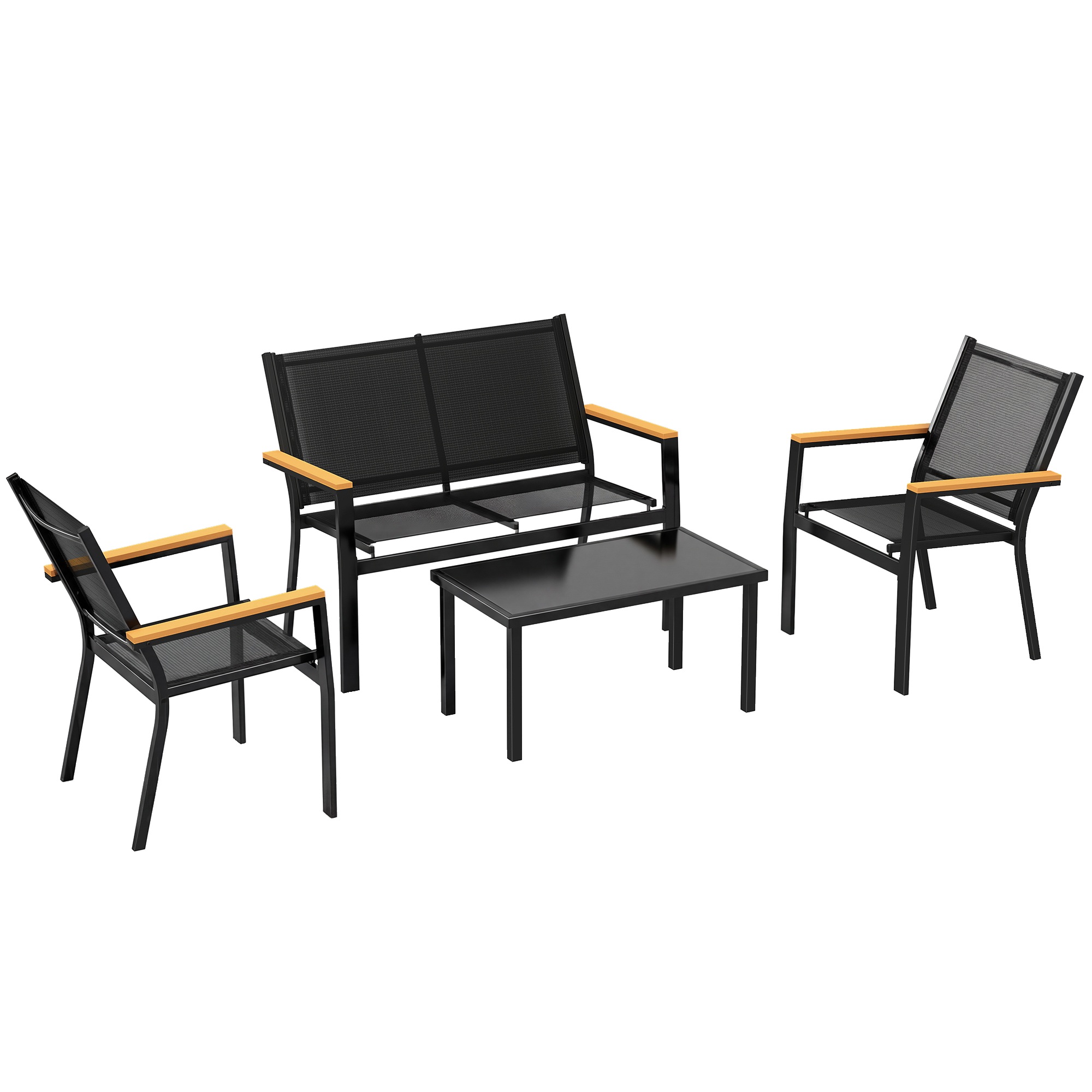 Metāla dārza mēbeļu komplekts, sēdvietu grupa 4 personām, dārza atpūtas zona ar divvietīgu dīvānu, krēslu un sānu galdiņu, 110x63,5x84 cm, melns
