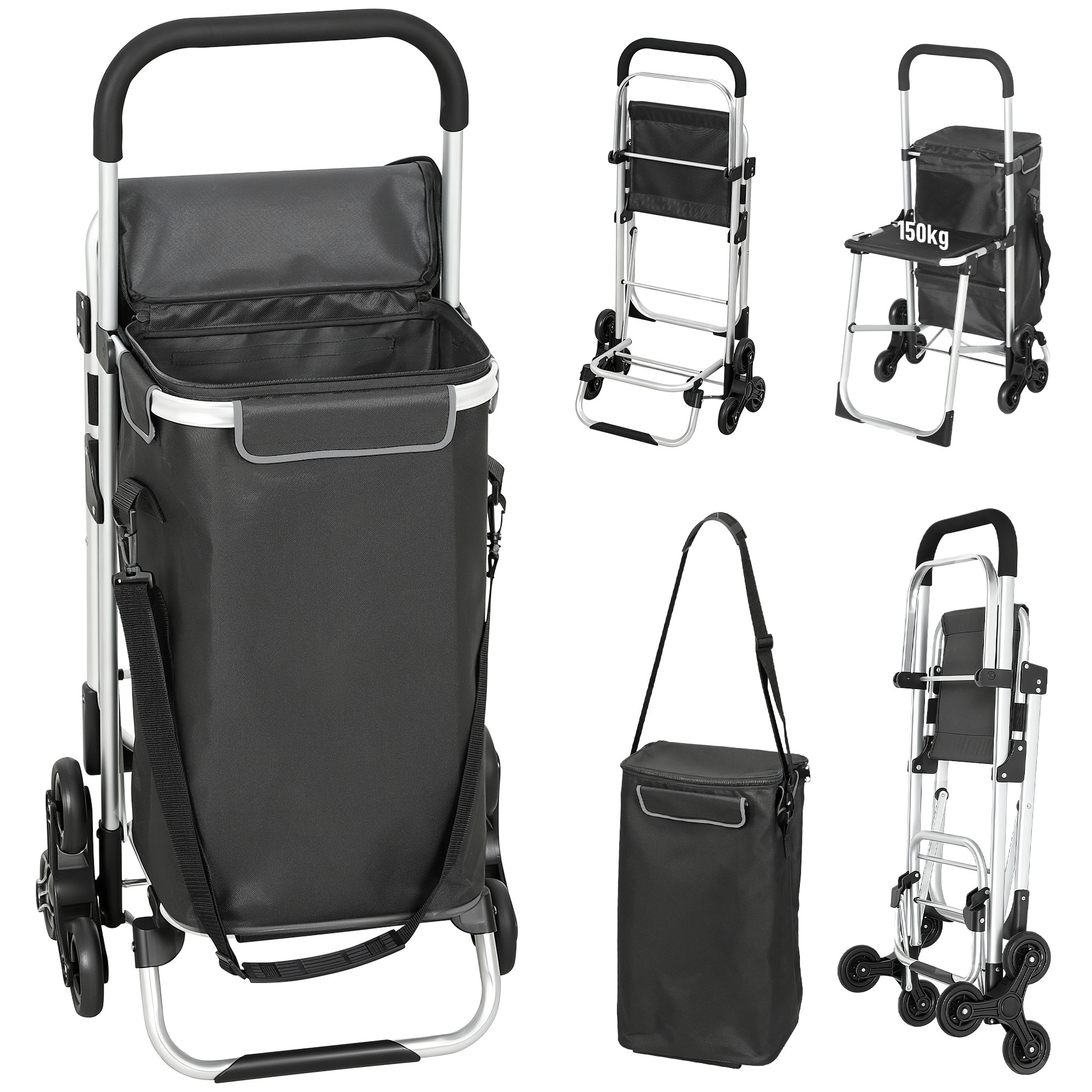 Iepirkumu ratiņi, 40 litru Oxford soma, 3 riteņu dizains, alumīnija rāmis, sēdeklis, tumši pelēki