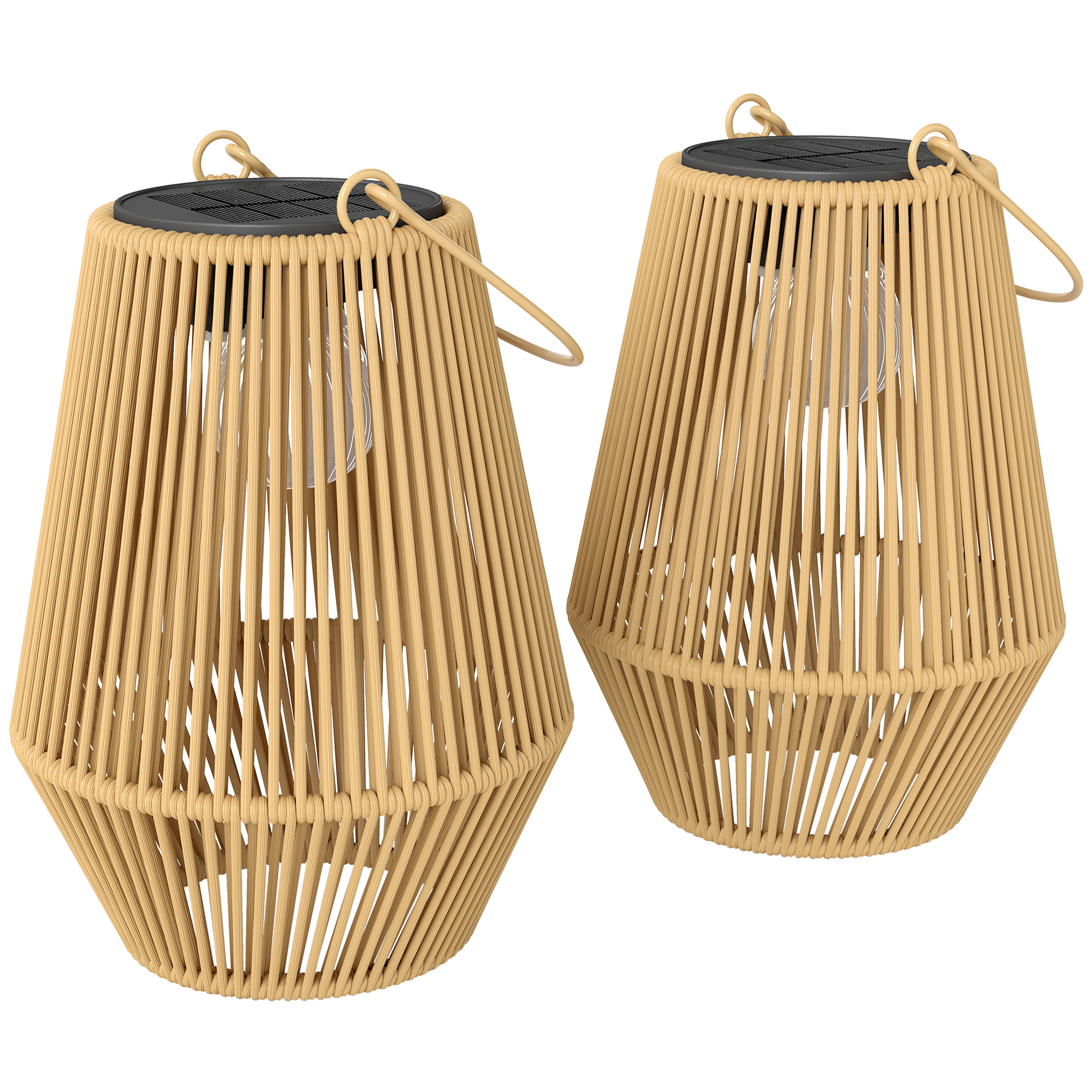 Saules grīdas lampu komplekts, 2 gab., rotangpalmas piekaramās saules lampas ar gaismas sensoru, IP44 ūdensizturīga saules lampa dārzam un balkonam, brūna