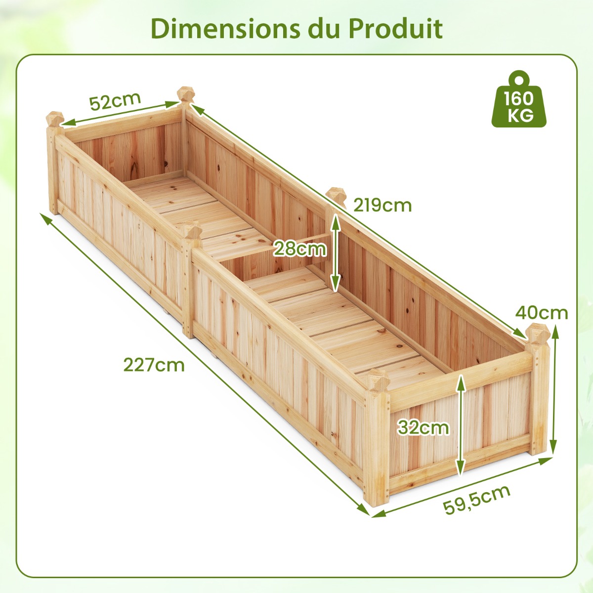 231 cm x 61 cm x 40,6 cm dalāma stādīšanas kaste ar stūra drenāžu un neaustu oderi dārzeņu audzēšanai - dabīga