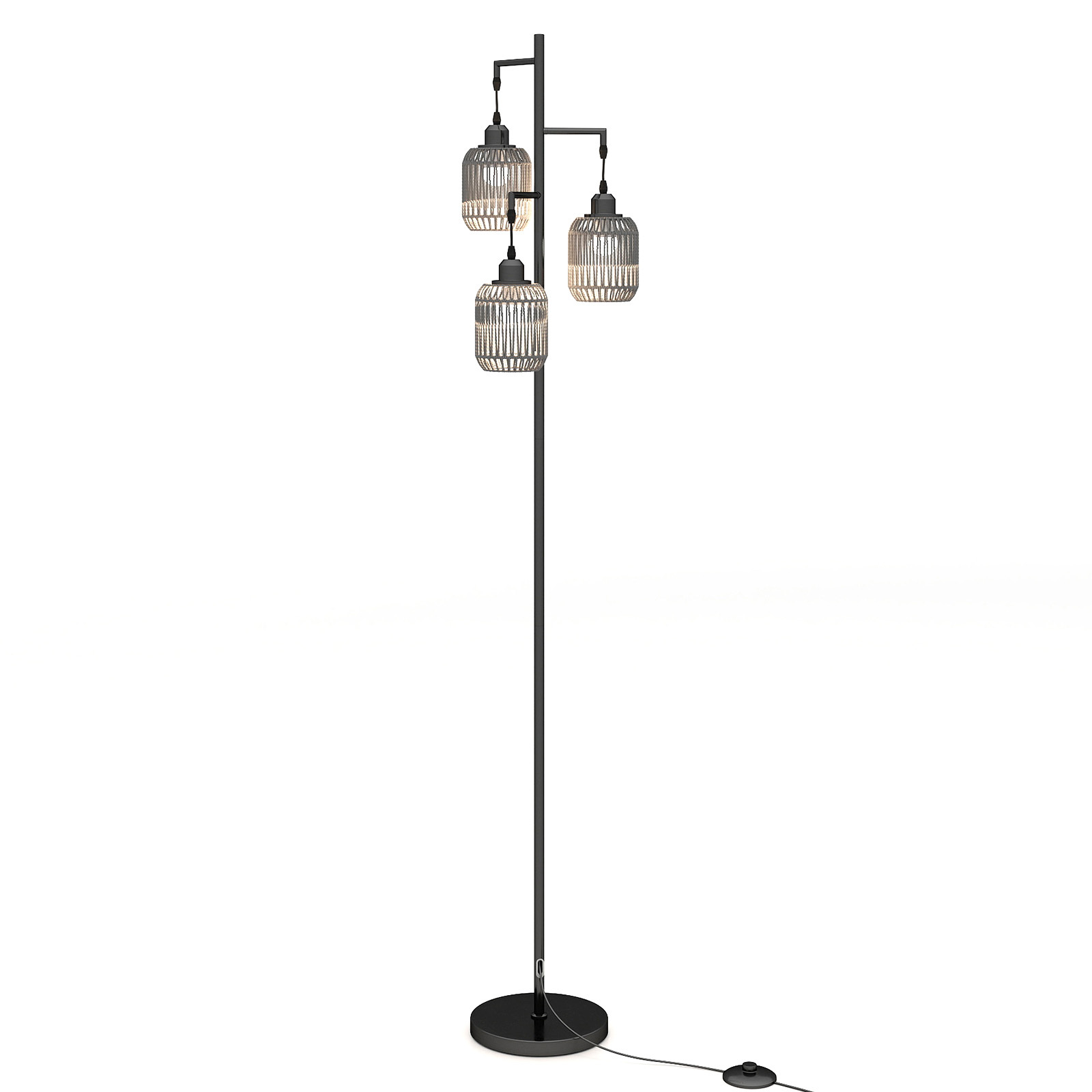 Kolme käsitsi põimitud paberist kupliga põrandalamp, stabiilse ümmarguse metallalusega elutoa valgusti (kõrgus 173 cm, 60 W), must