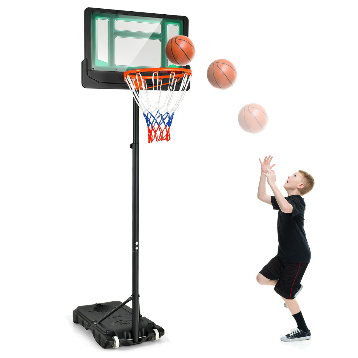 Basketbola statīvs 90/158-210 cm augstumā regulējams basketbola grozs ar statīvu, laikapstākļiem izturīgs, iekštelpām un āra lietošanai, zaļš