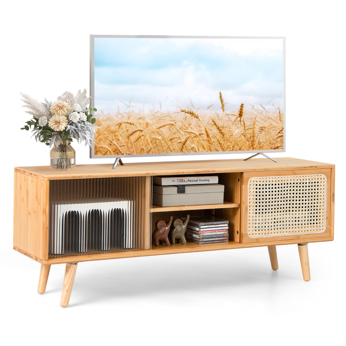 Moodne telerikapp ja TV-alus kuni 55-tollisele telerile (120,5 x 31 x 45,5 cm), naturaalne puit