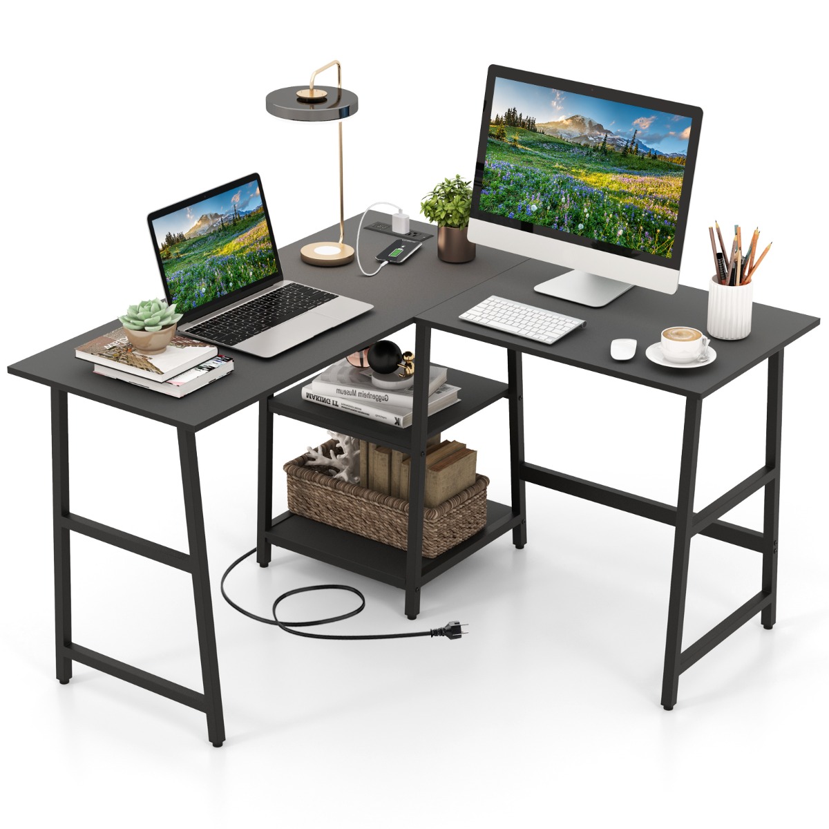 Rakstāmgalds L-veida stūra rakstāmgalds ar rozetēm un USB portiem 120 x 120 x 75 cm, melns